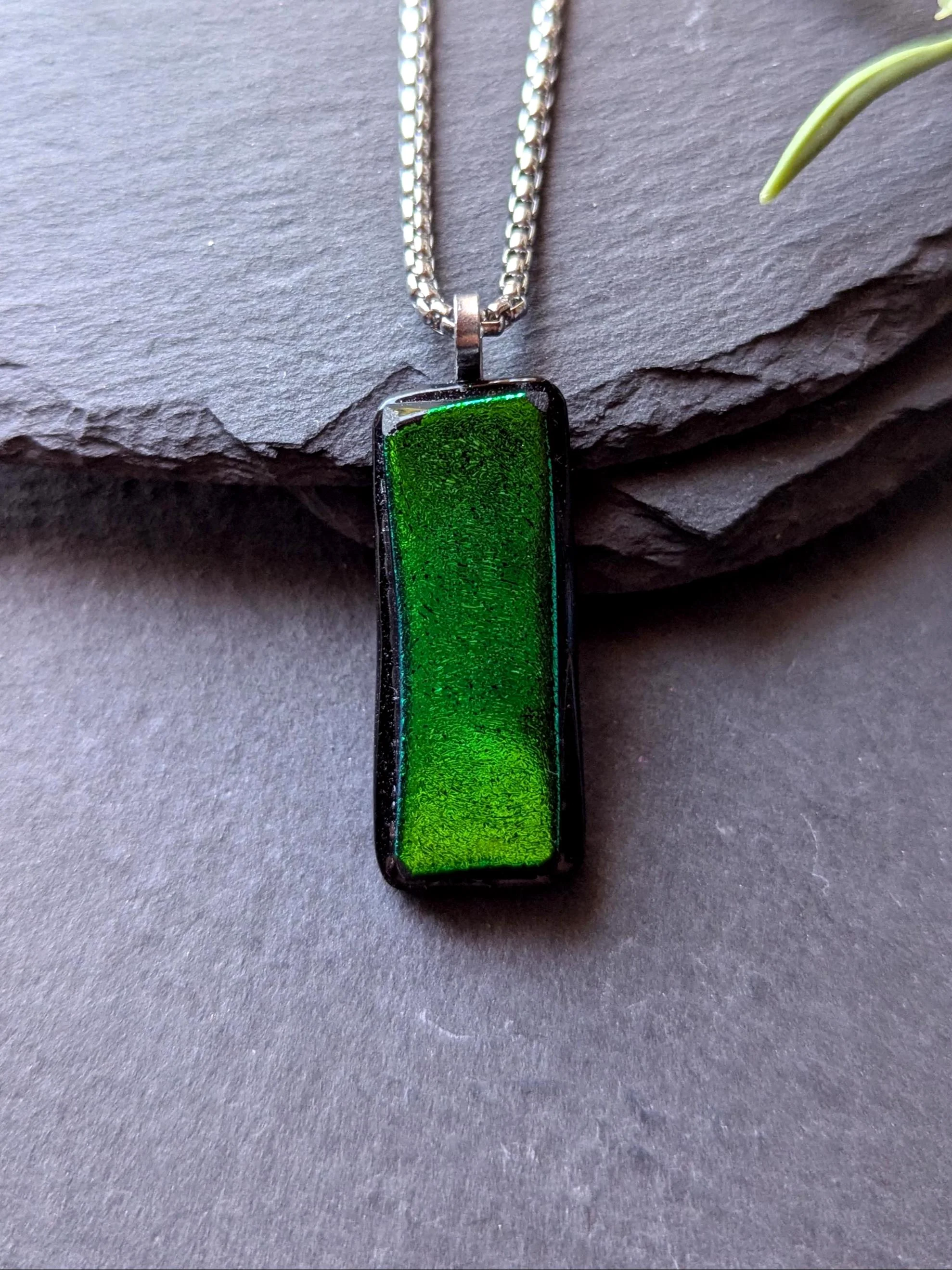 Handcrafted Green Dichroic Glass Pendant Necklace with two necklaces - Photo 4