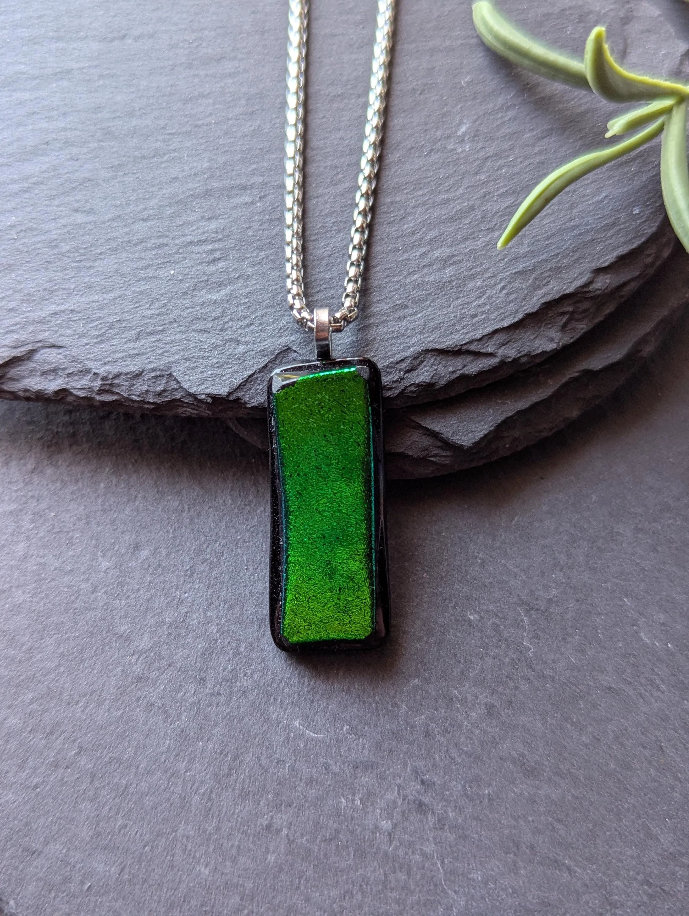 Handcrafted Green Dichroic Glass Pendant Necklace with two necklaces - Photo 5