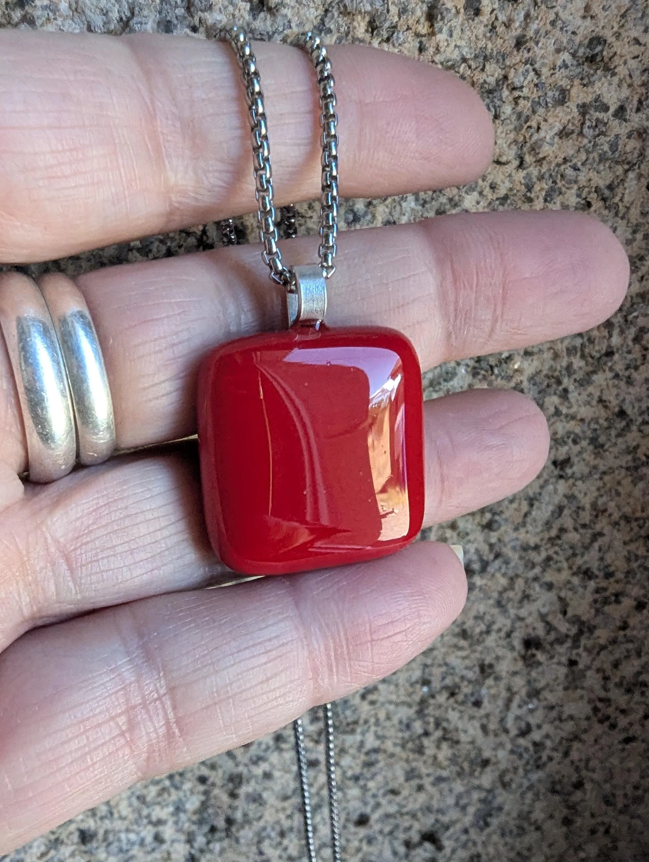 Handcrafted cherry red fused glass pendant necklace - Photo 1