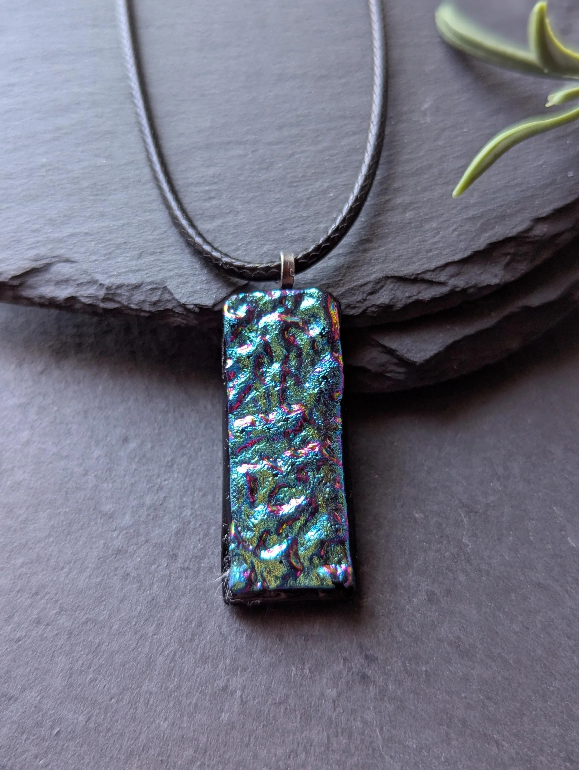 Handmade Blue and Pink Textured Dichroic Glass Pendant - Photo 3