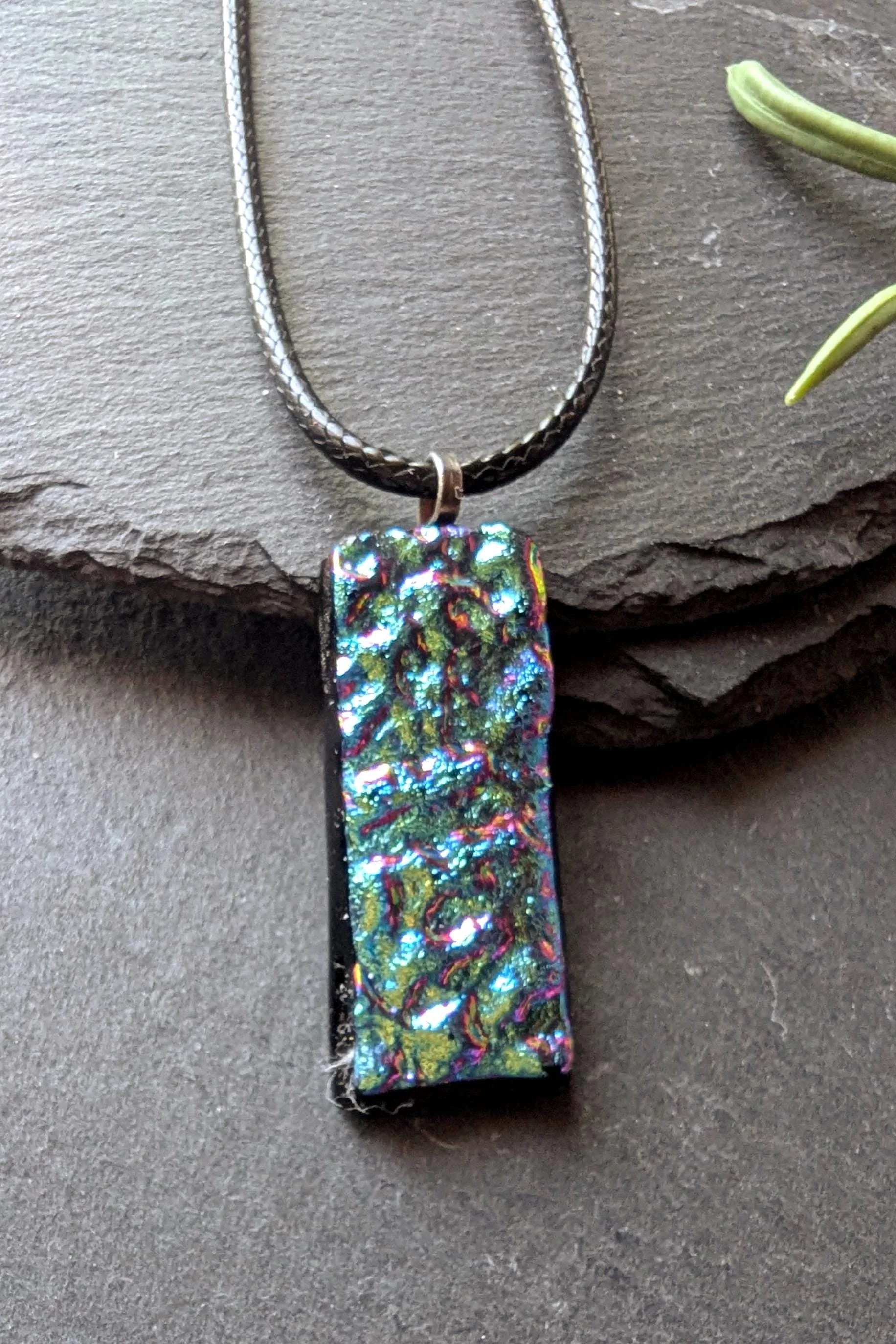 Handmade Blue and Pink Textured Dichroic Glass Pendant - Photo 5