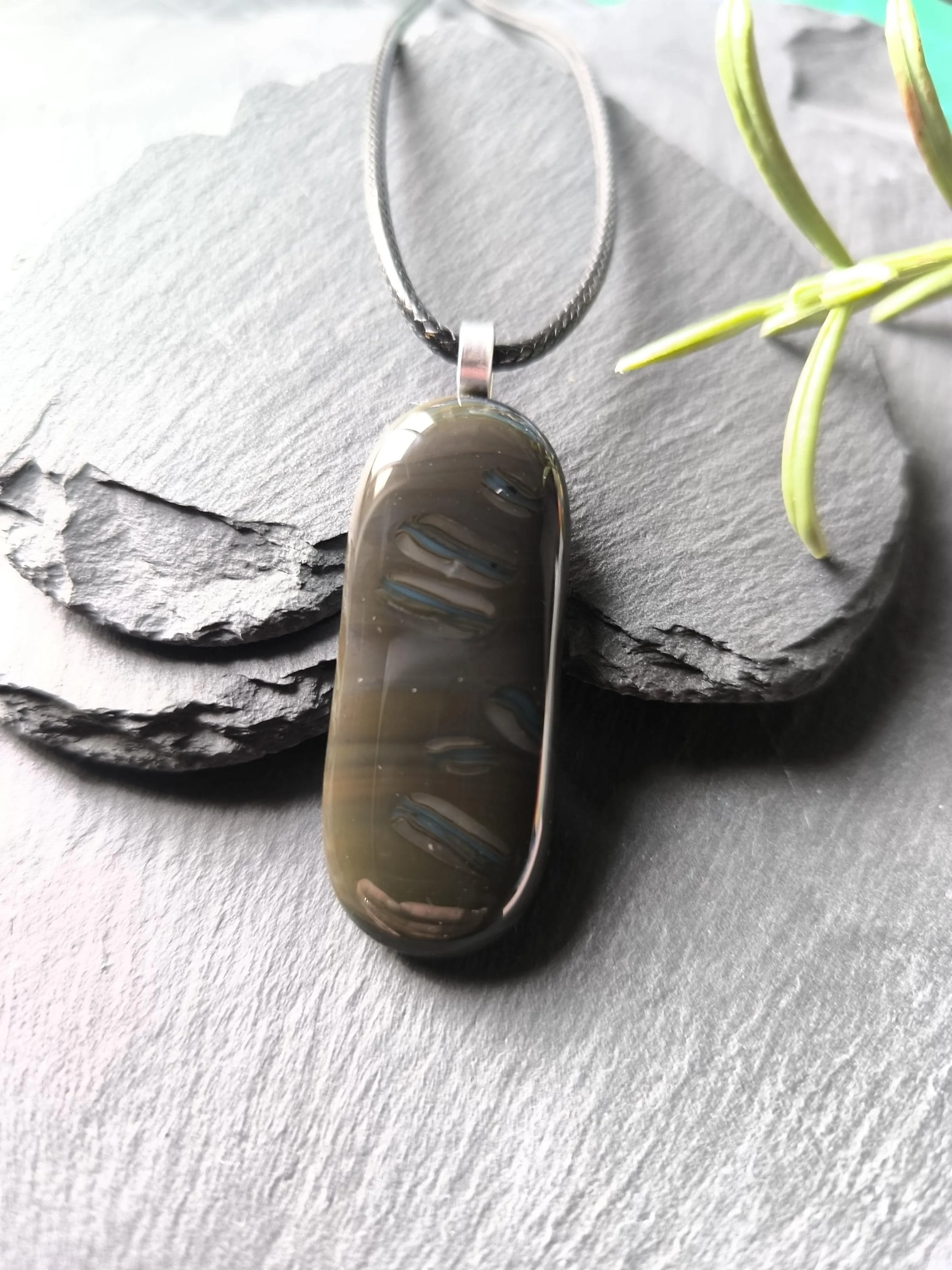 Long Fused Glass Pendant in Natural Tones with Cord Necklace - Photo 2
