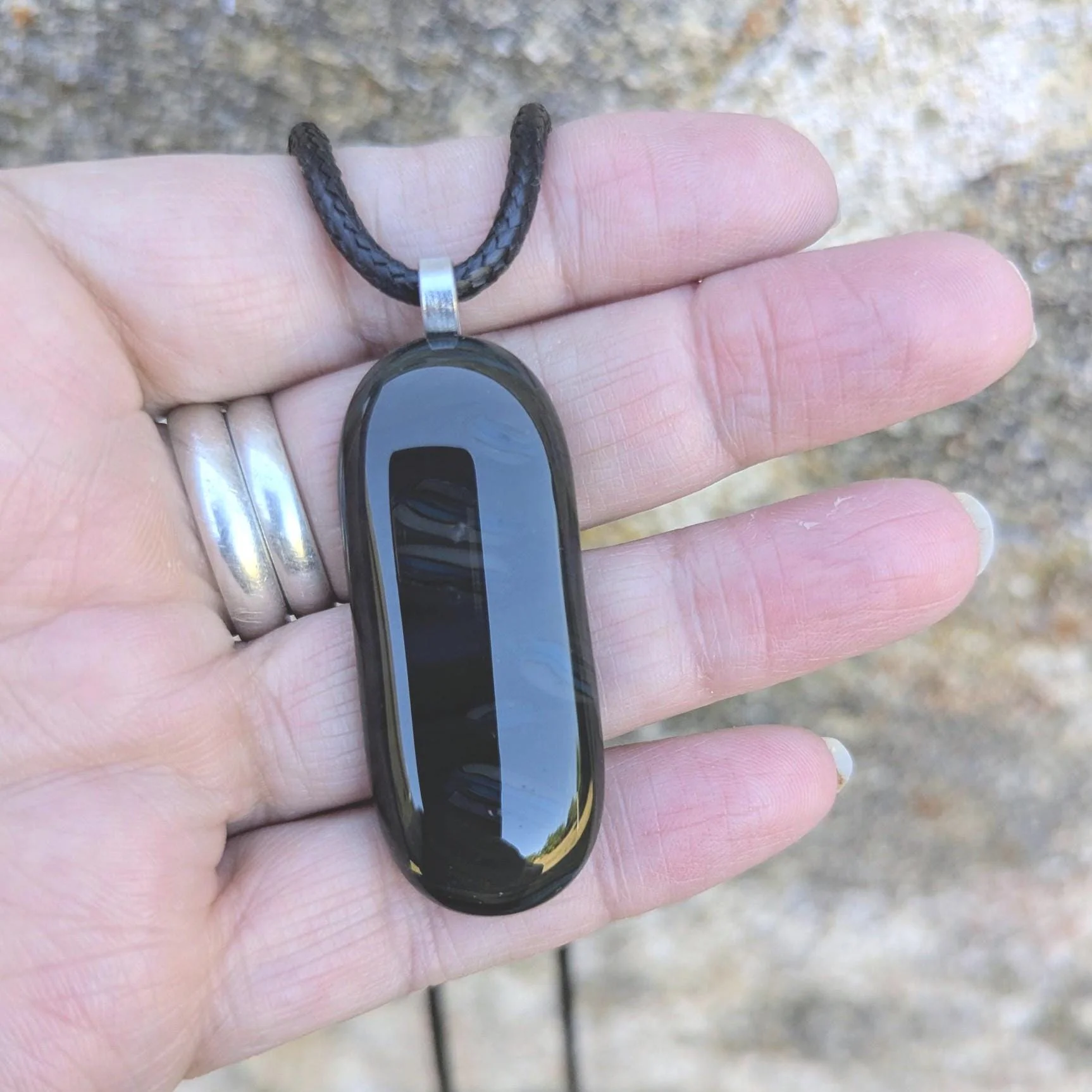 Long Fused Glass Pendant in Natural Tones with Cord Necklace - Photo 3