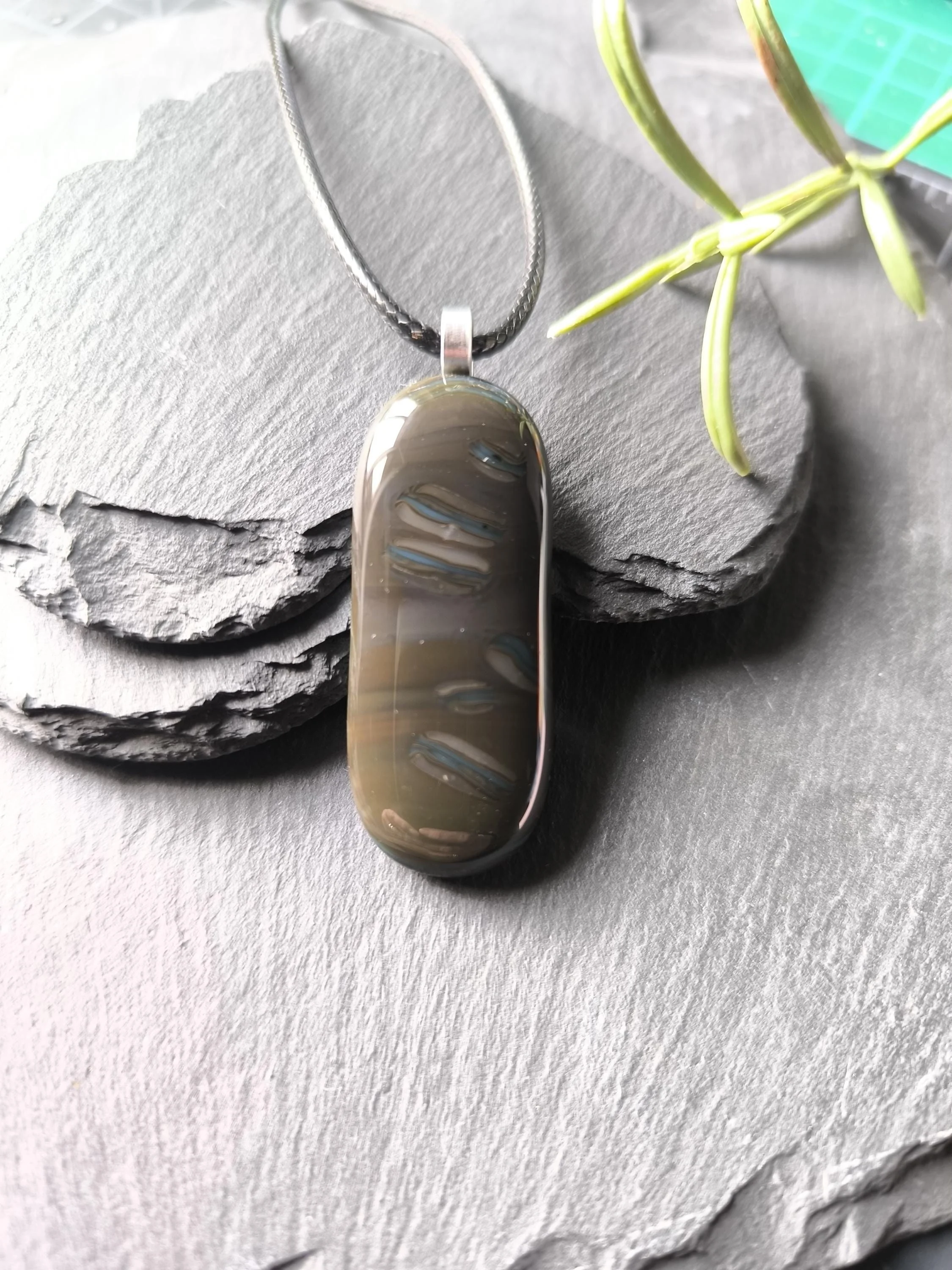 Long Fused Glass Pendant in Natural Tones with Cord Necklace - Photo 4