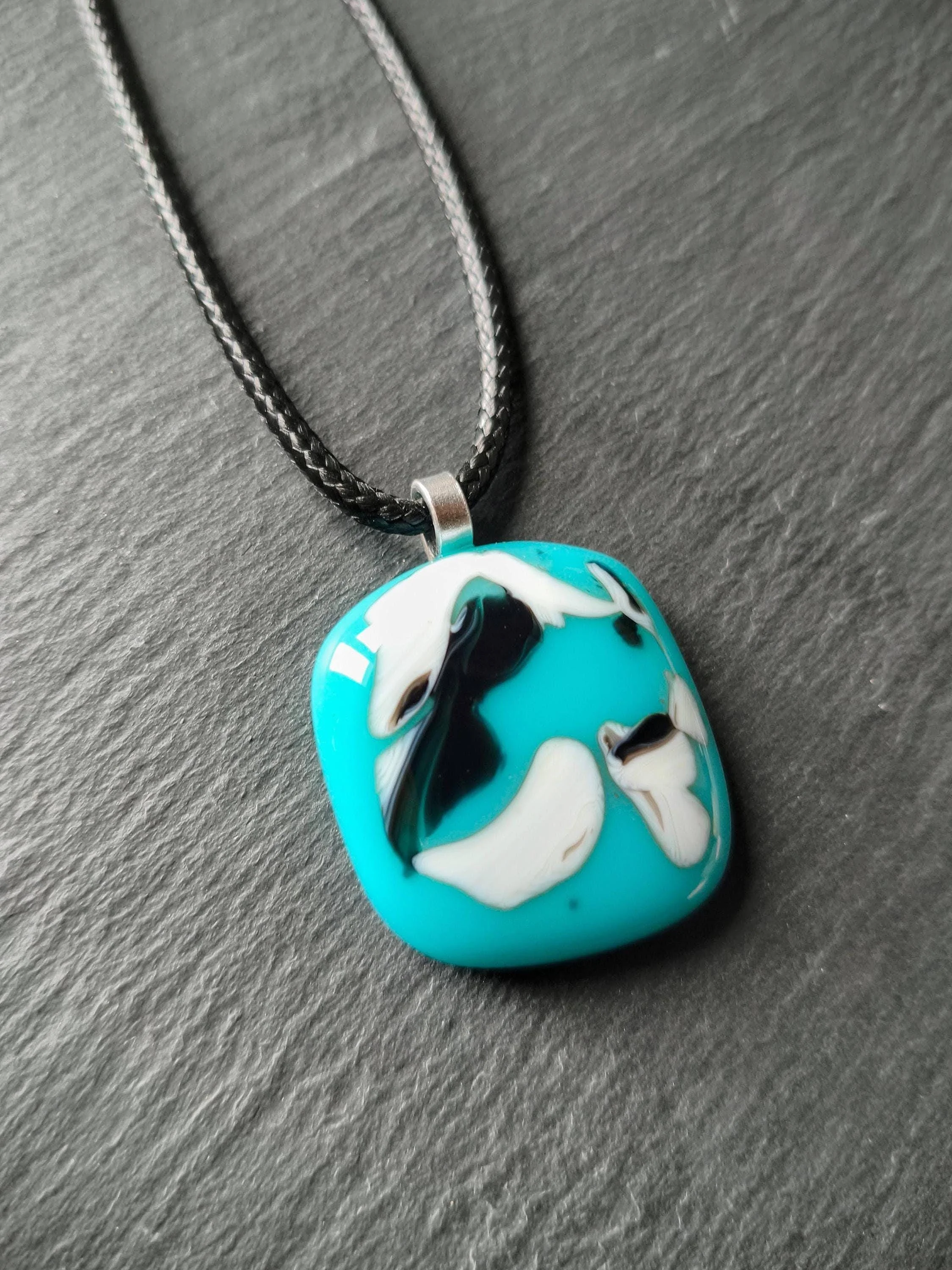 Handmade blue fused glass abstract pendant necklace - Photo 1