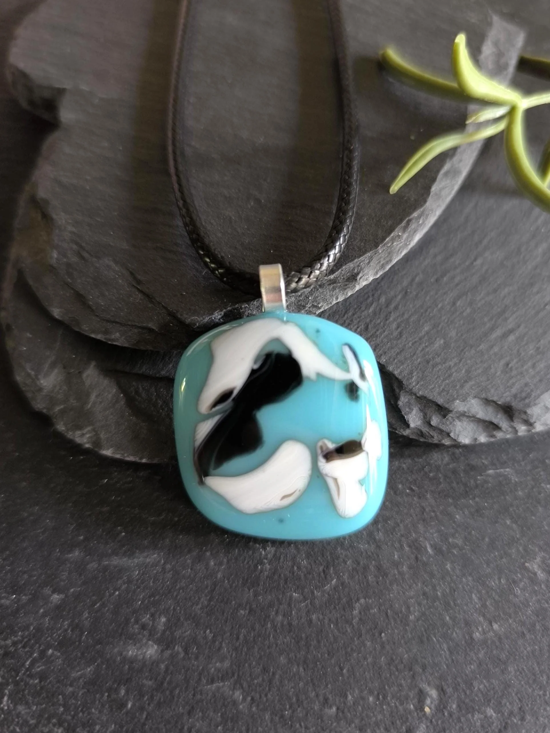 Handmade blue fused glass abstract pendant necklace - Photo 2