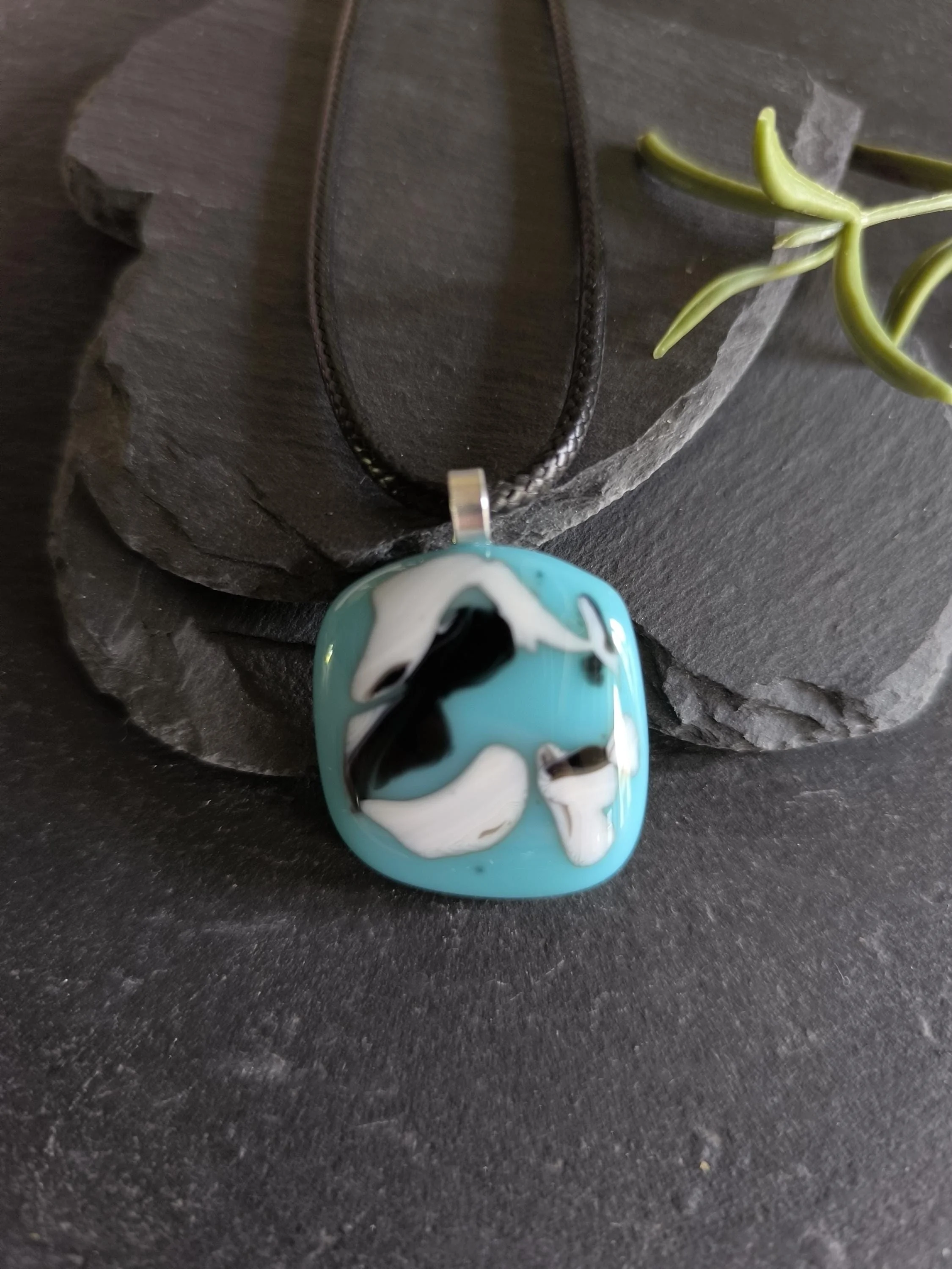 Handmade blue fused glass abstract pendant necklace - Photo 3