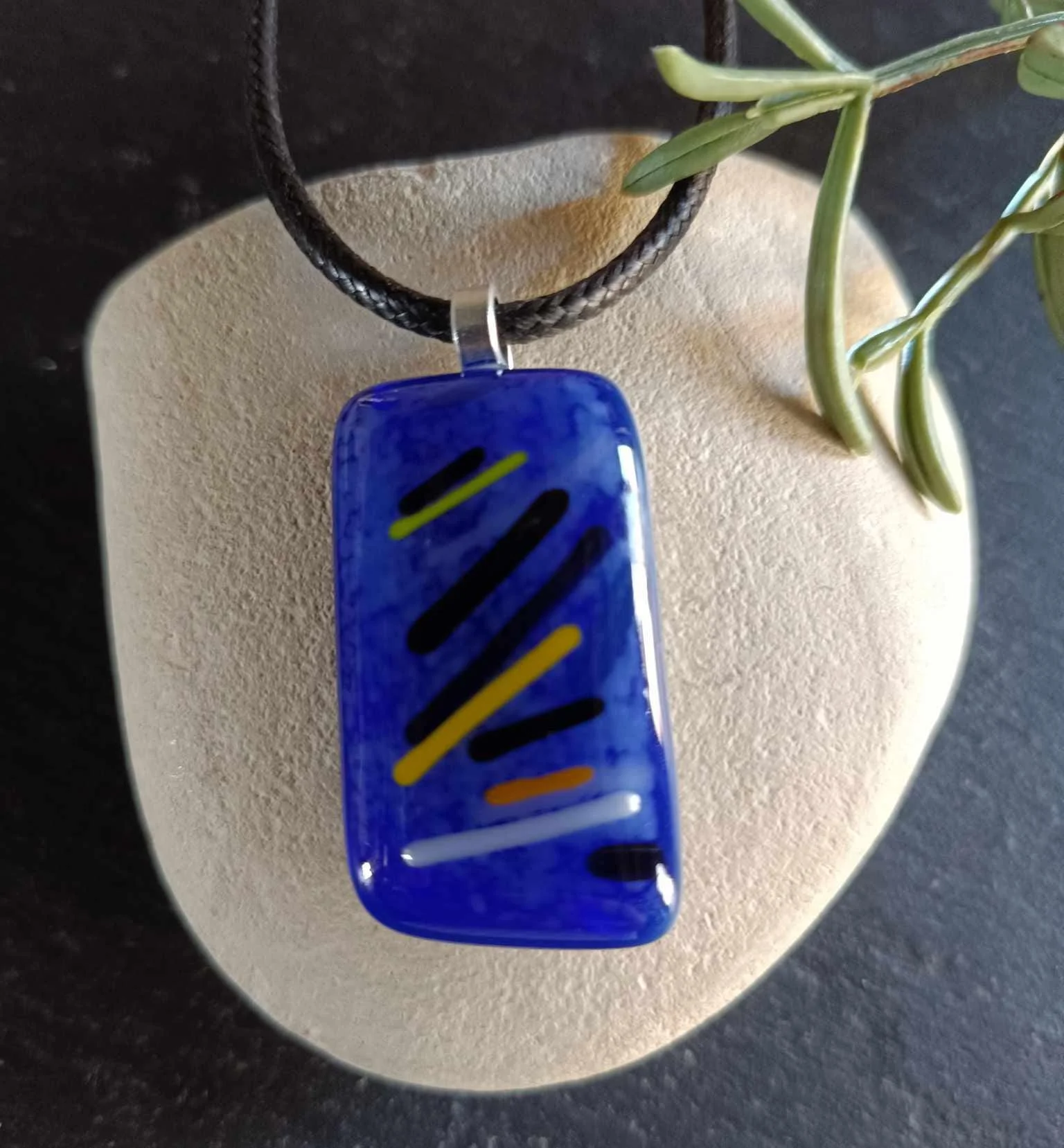 Handmade Blue Funky Fused Glass Pendant Necklace - Photo 1