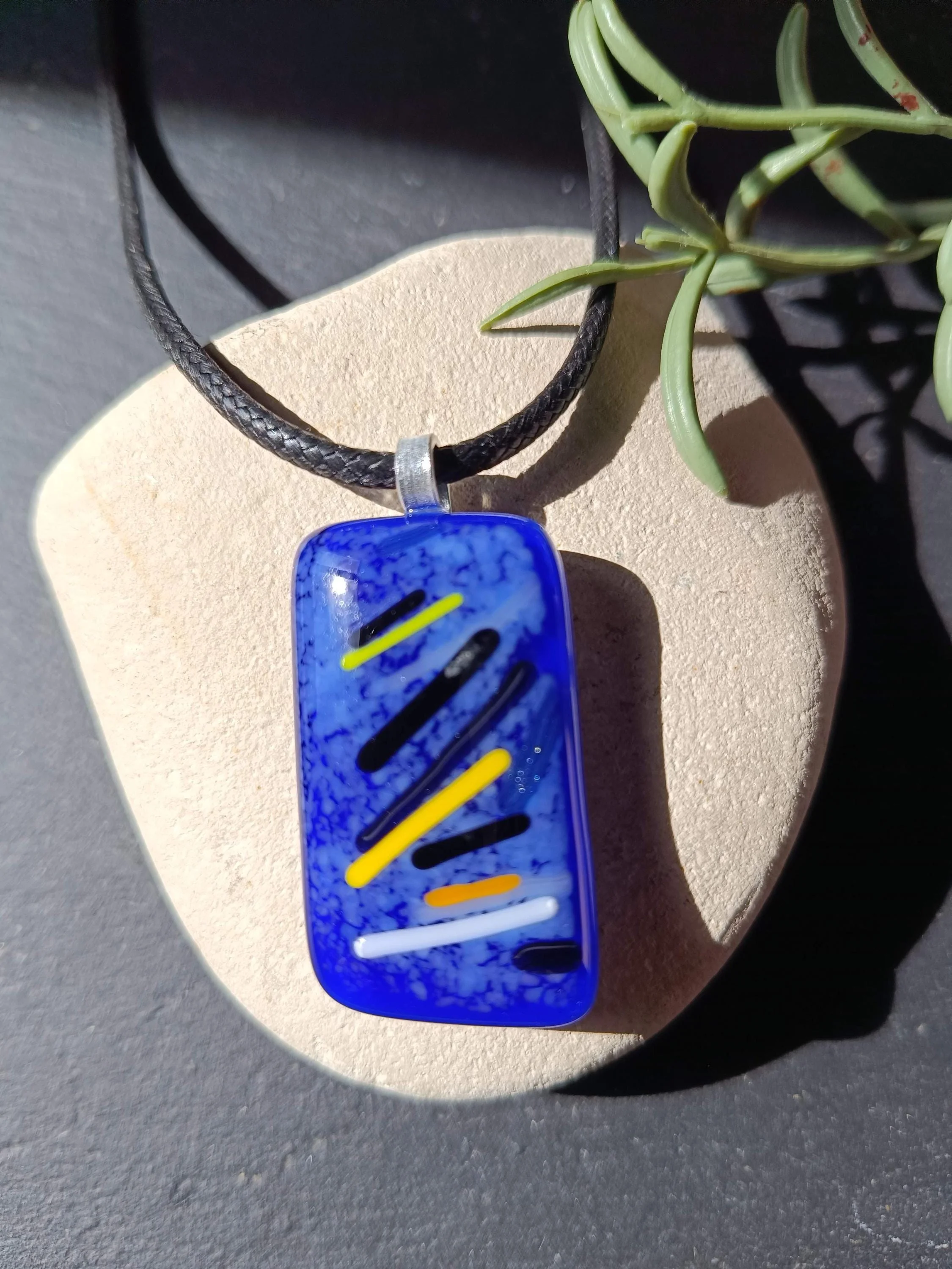 Handmade Blue Funky Fused Glass Pendant Necklace - Photo 3