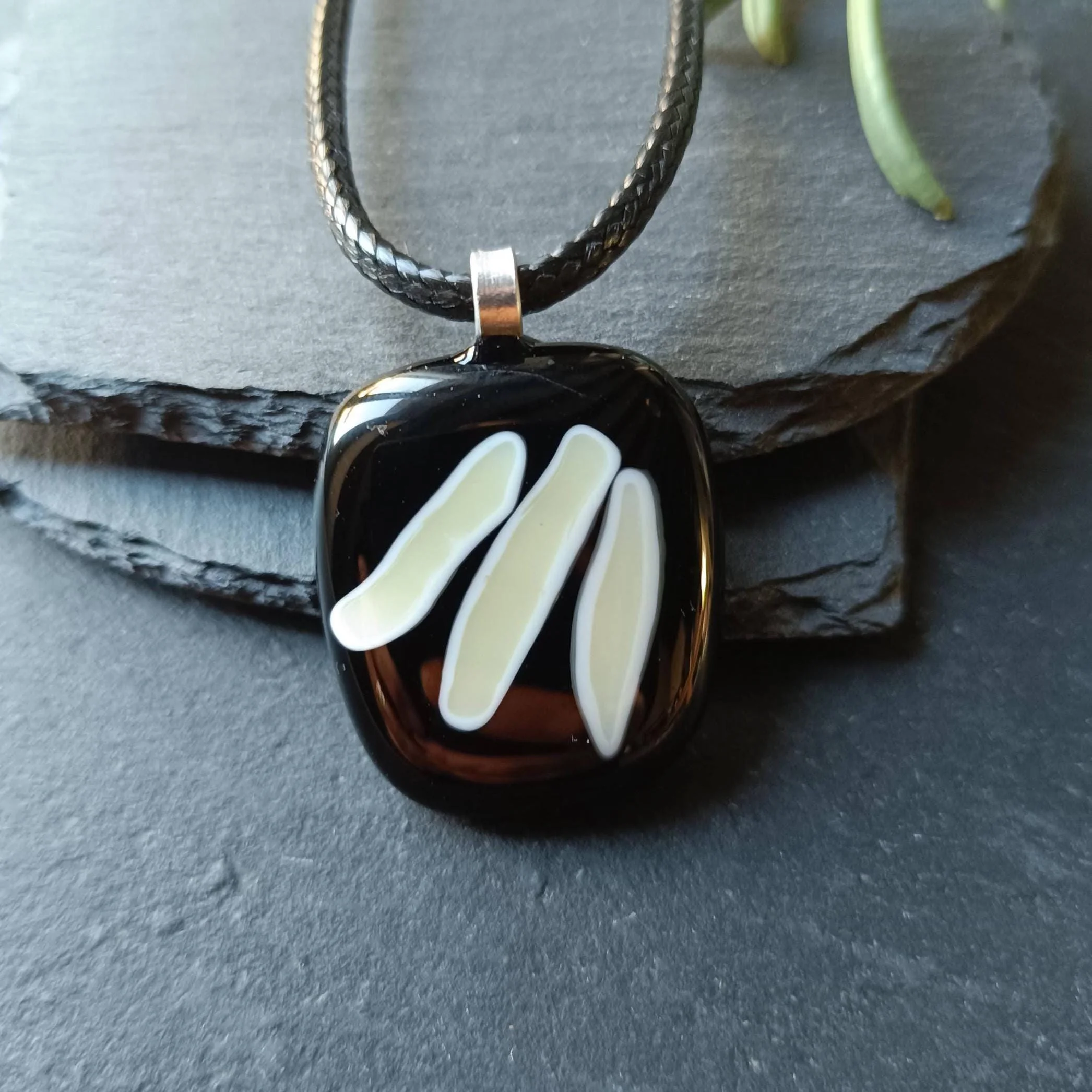 Handmade black and vanilla fused glass pendant necklace - Photo 1