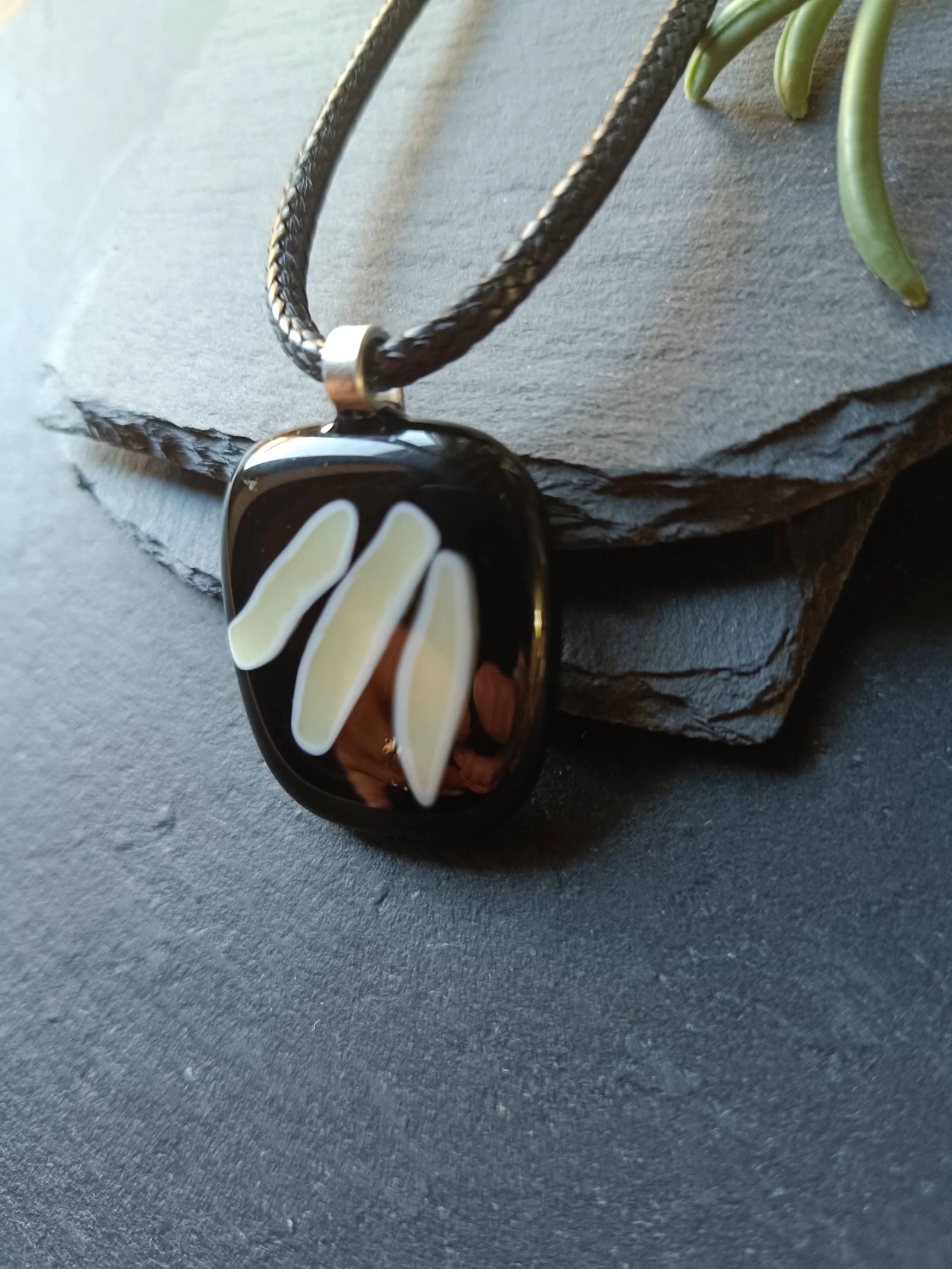 Handmade black and vanilla fused glass pendant necklace - Photo 6