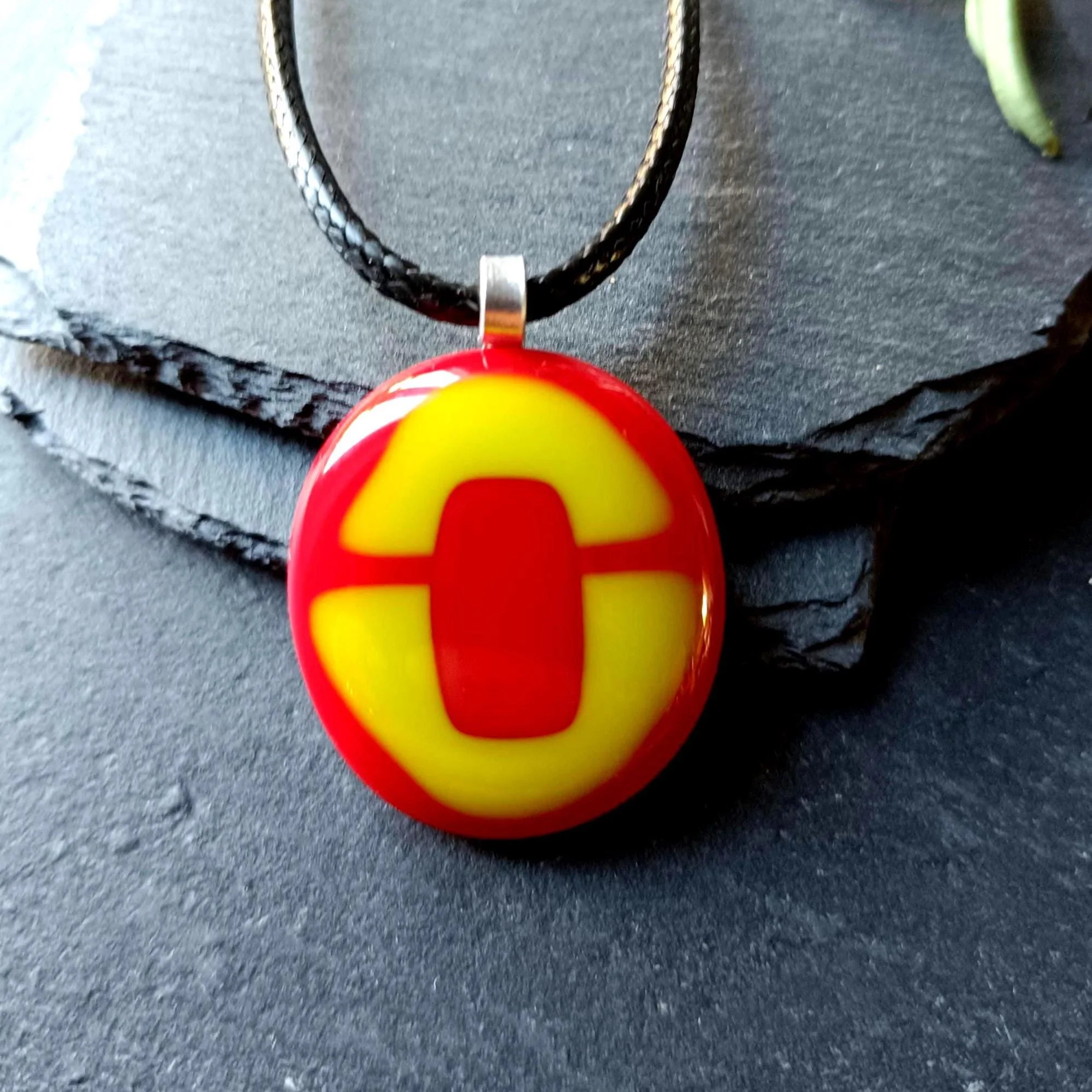 Handmade red and lime green fused glass pendant cord necklace - Photo 1