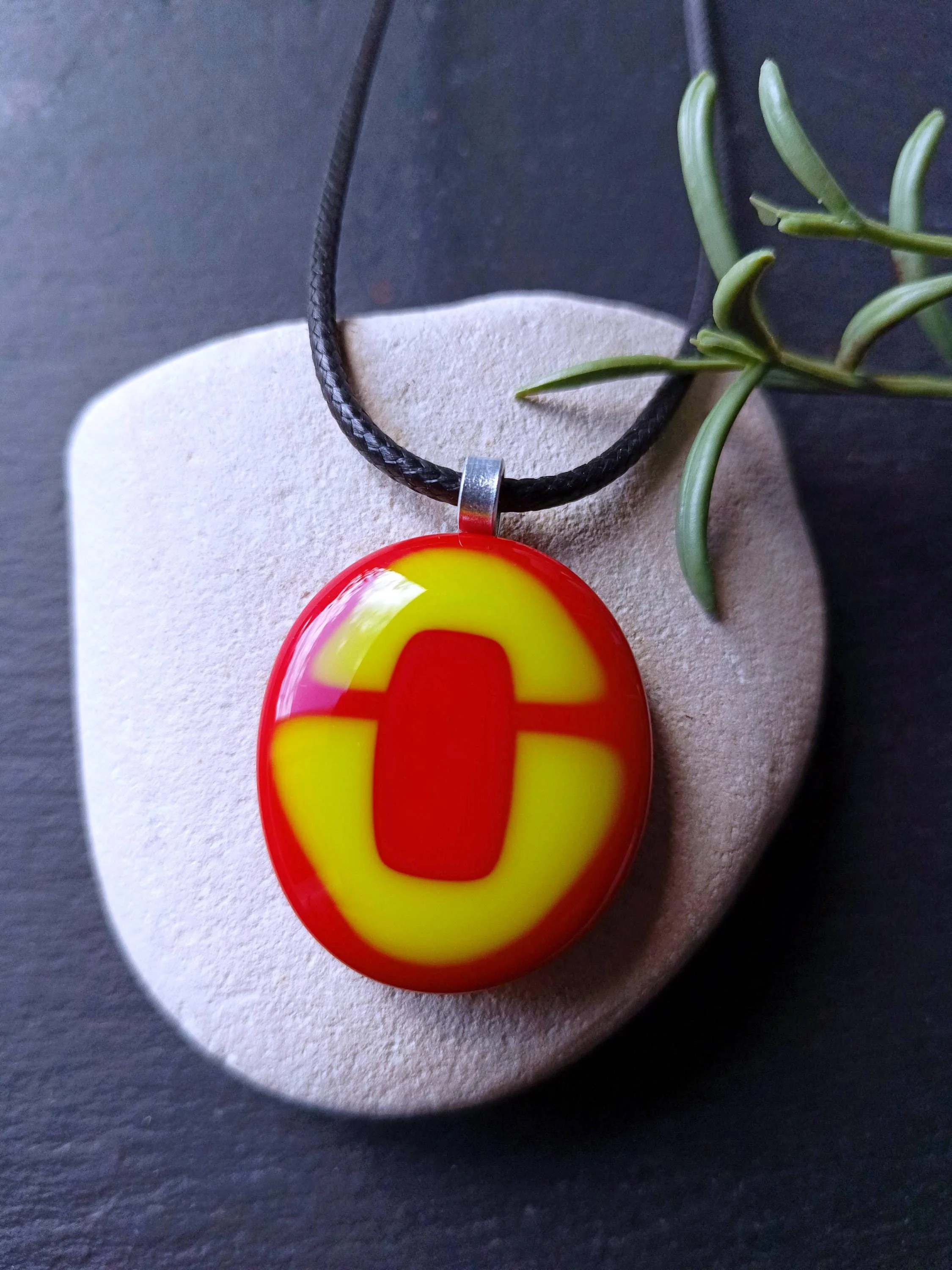 Handmade red and lime green fused glass pendant cord necklace - Photo 3