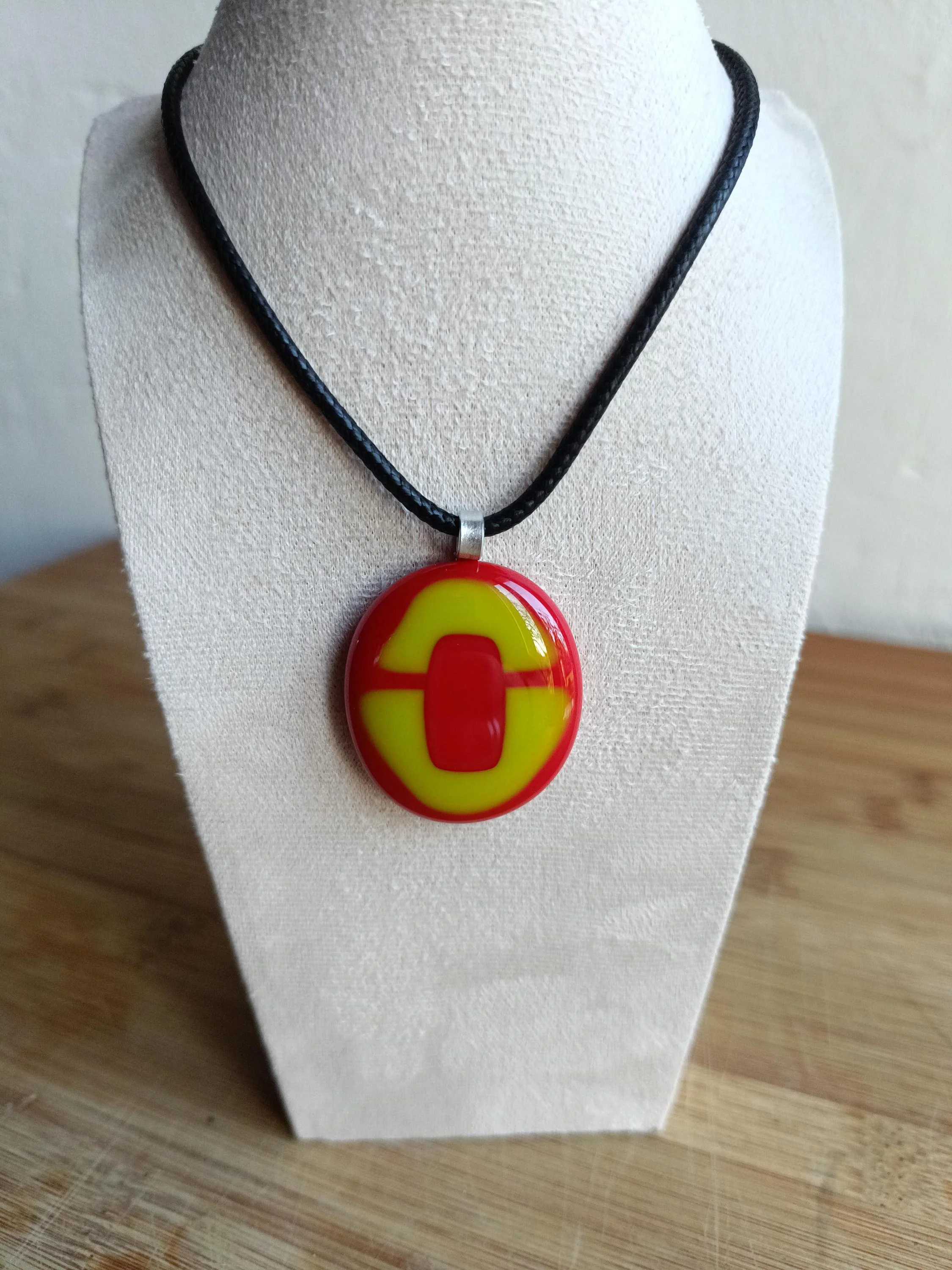 Handmade red and lime green fused glass pendant cord necklace - Photo 5