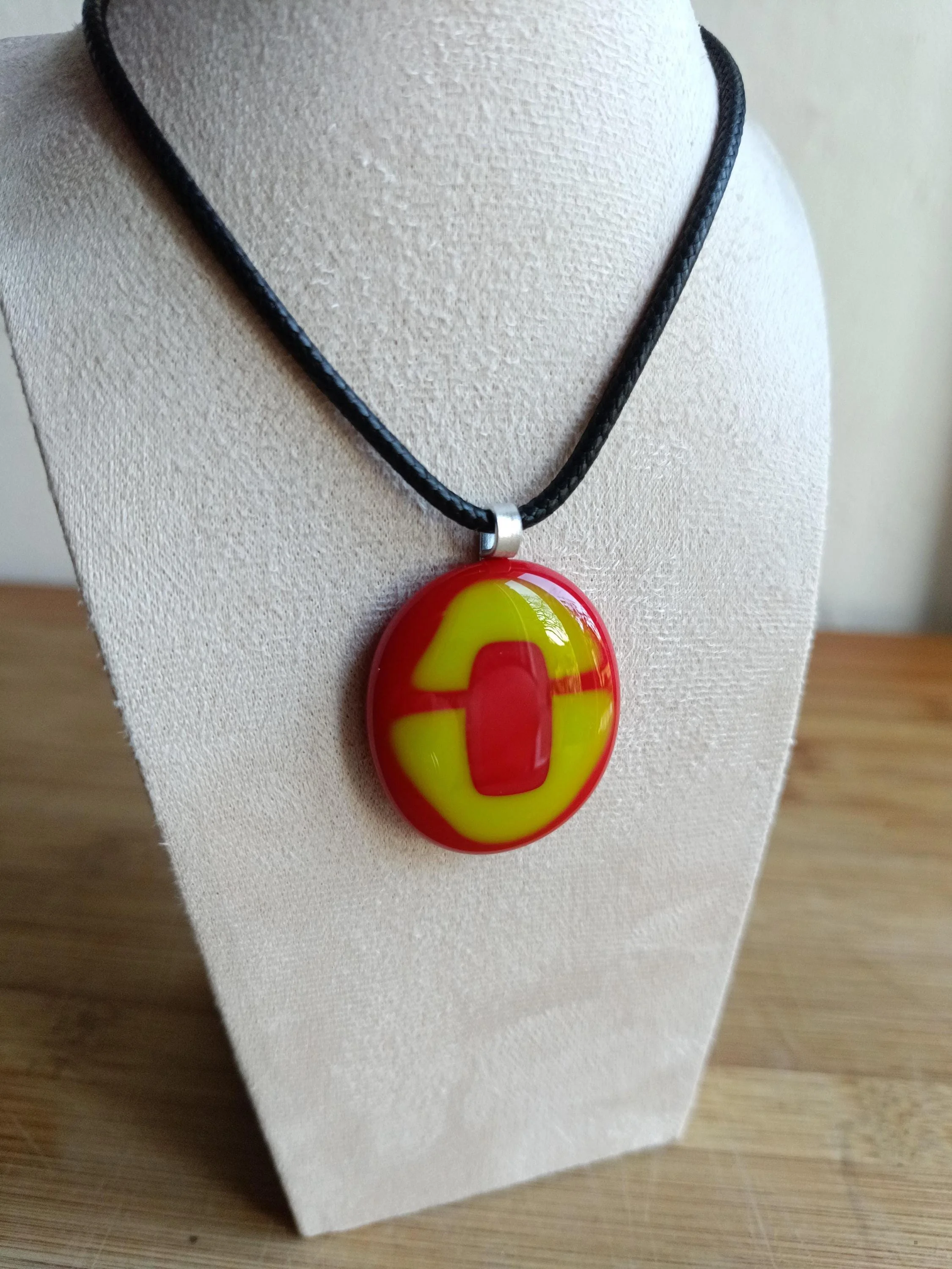 Handmade red and lime green fused glass pendant cord necklace - Photo 6