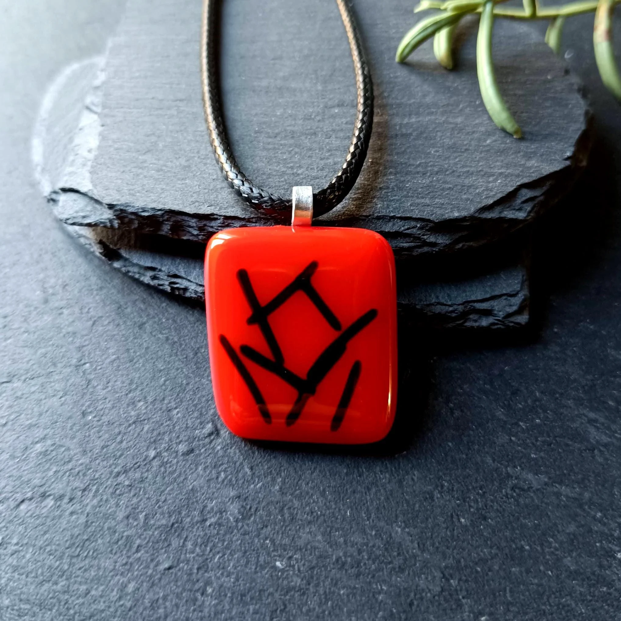 Handmade red and black fused glass pendant necklace - Photo 1