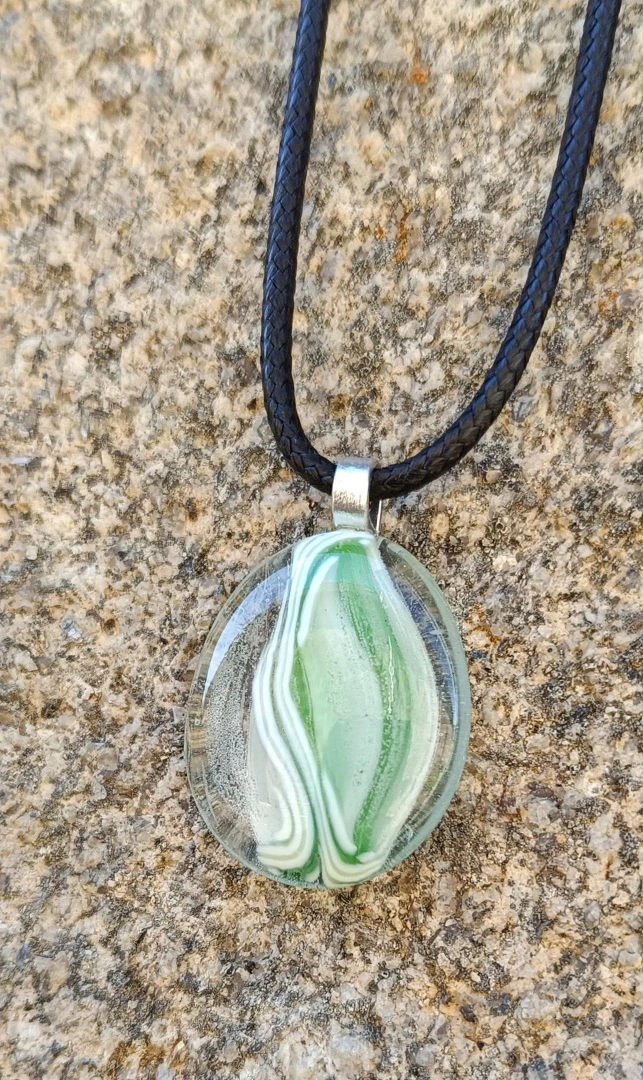 Green and clear handmade fused glass pendant necklace - Photo 2