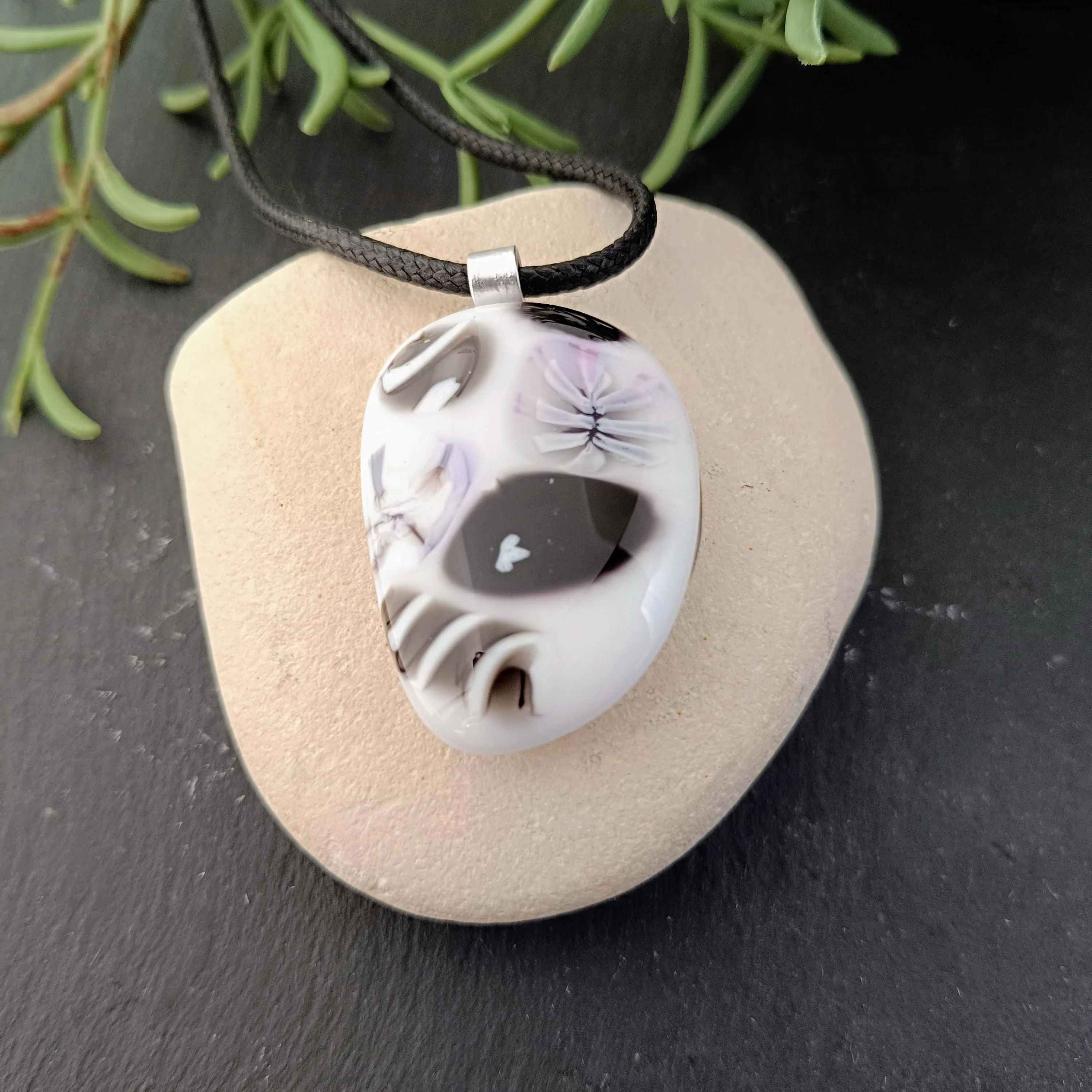 Handmade monochrome fused glass pendant  necklace - Photo 1