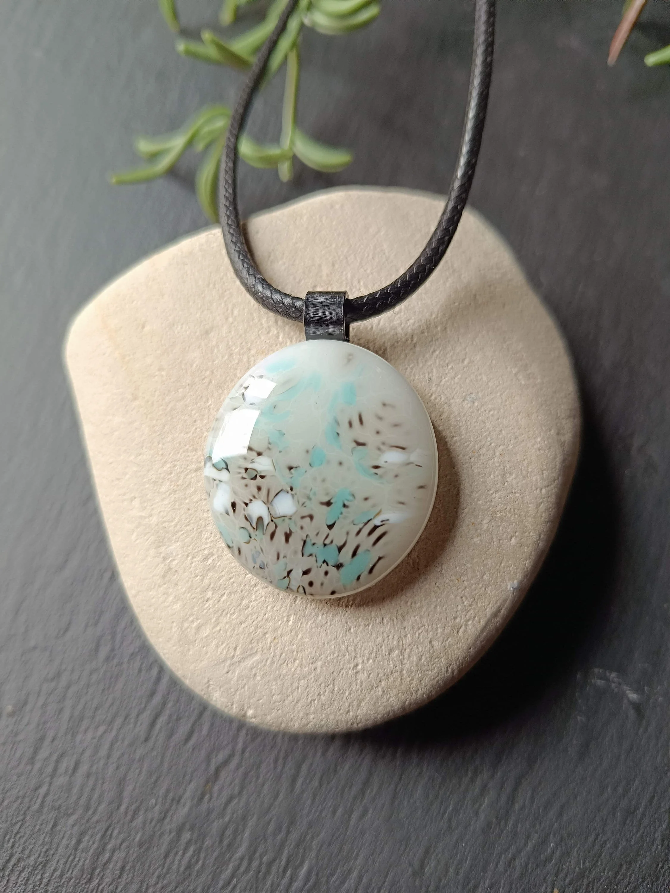 Handmade white fused glass pendant with cord necklace - Photo 1