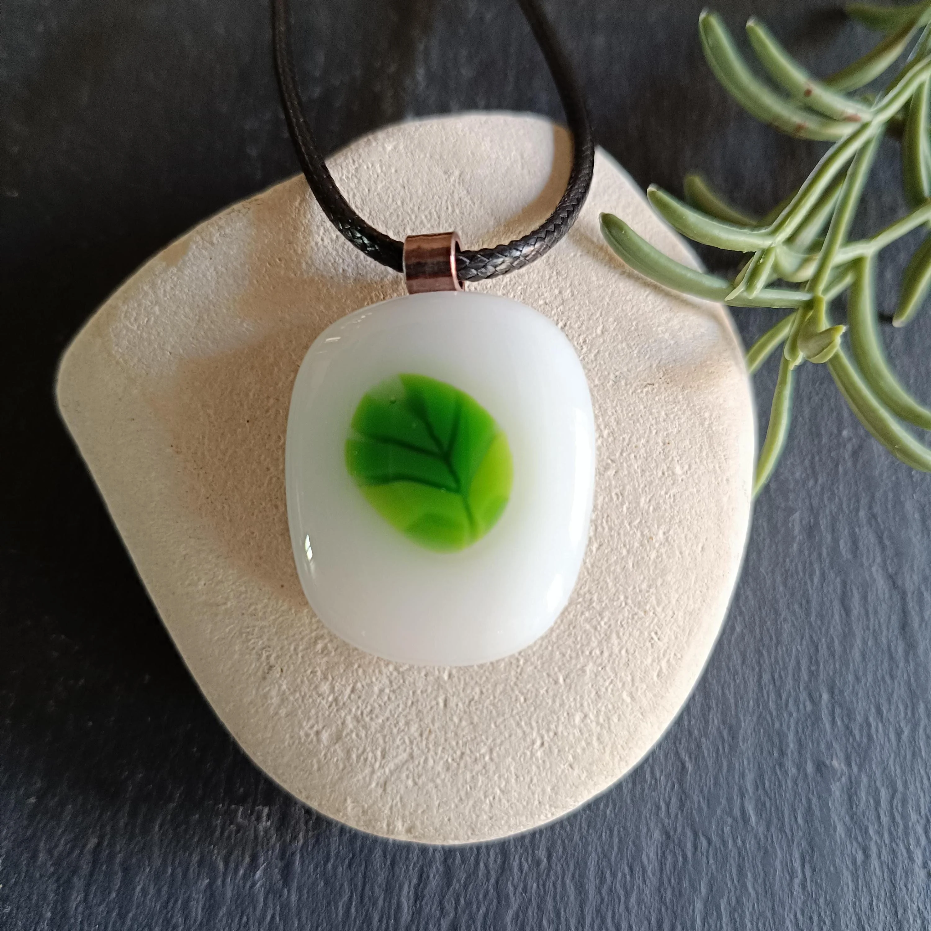 Hand Made Fused Glass Leaf Pendant Necklace - Photo 1