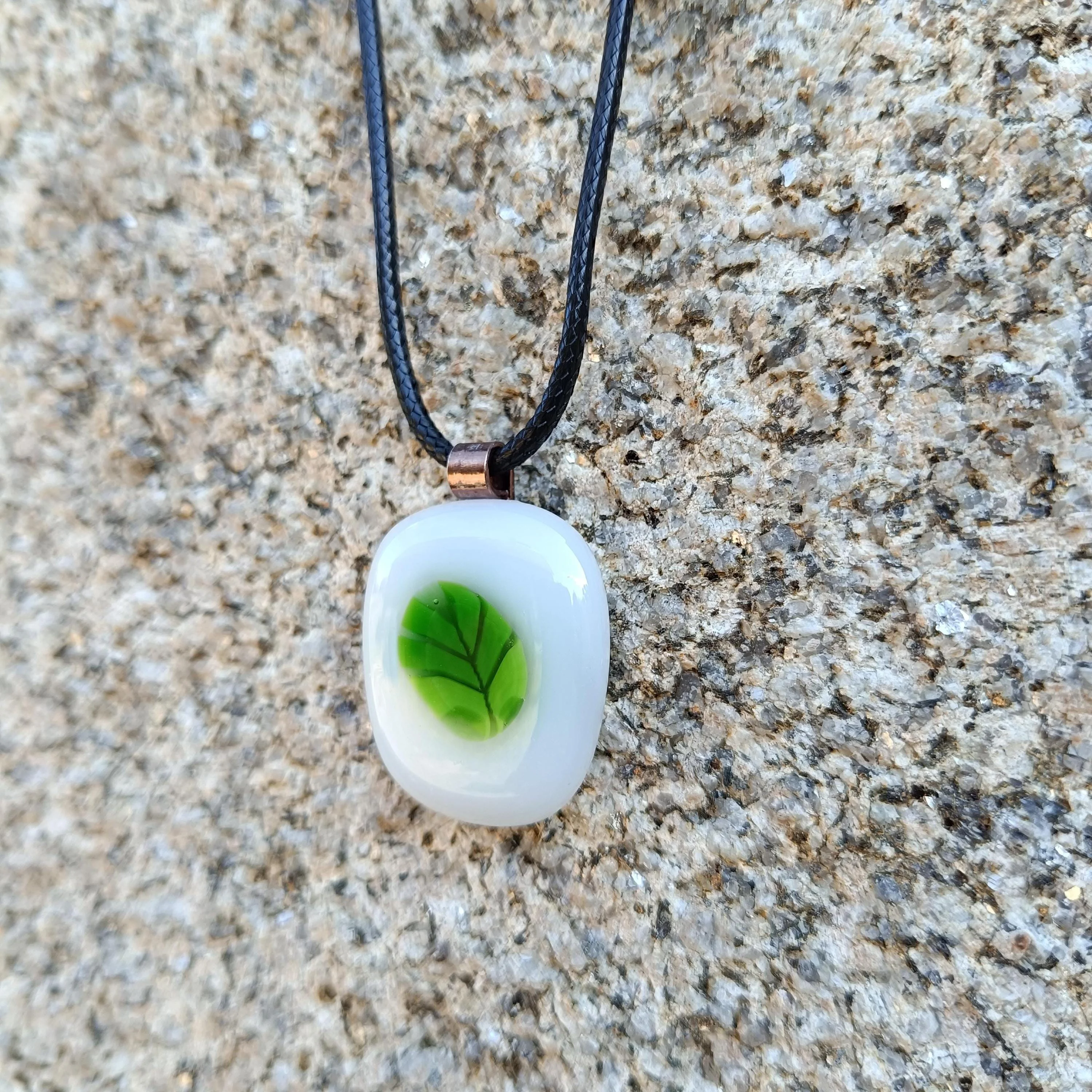 Hand Made Fused Glass Leaf Pendant Necklace - Photo 3