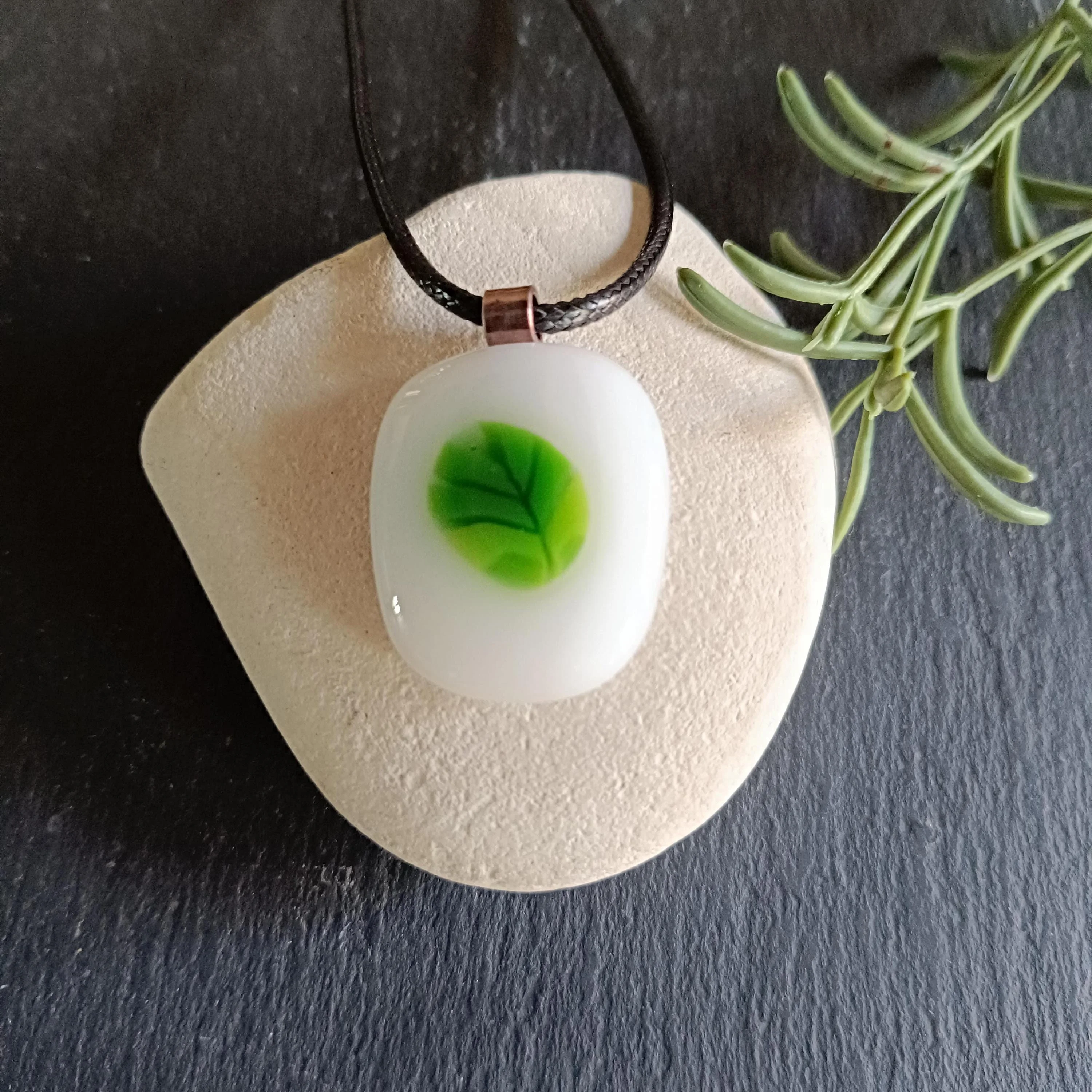 Hand Made Fused Glass Leaf Pendant Necklace - Photo 5