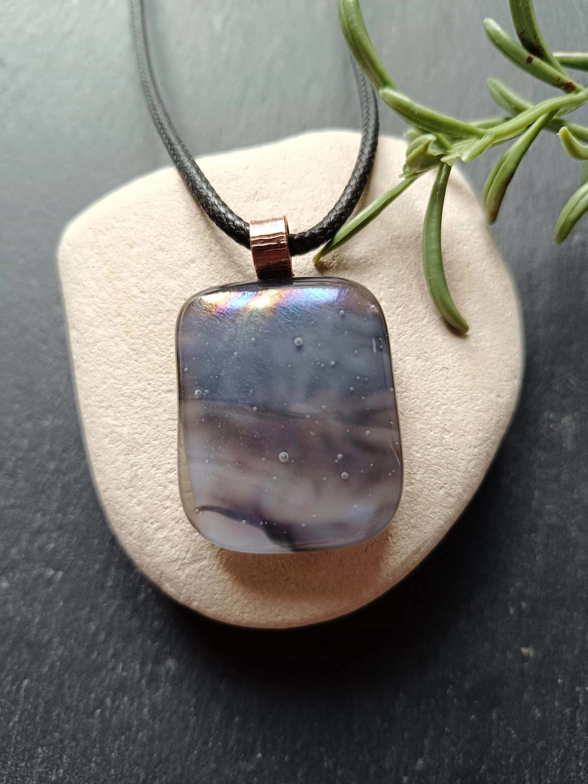 Handcrafted grey tone fused glass pendant necklace - Photo 1