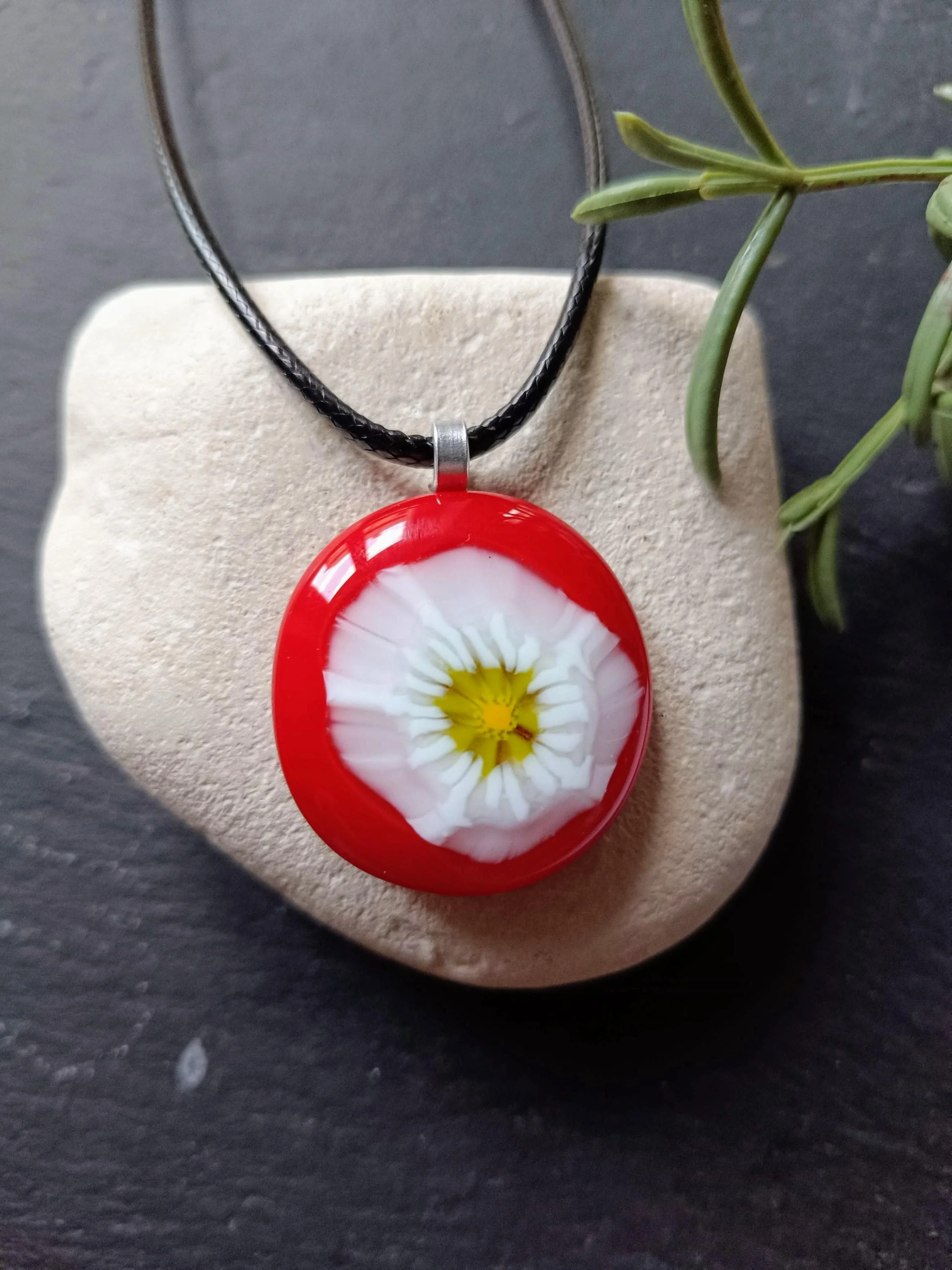 Handmade red fused glass pendant with necklace - Photo 1
