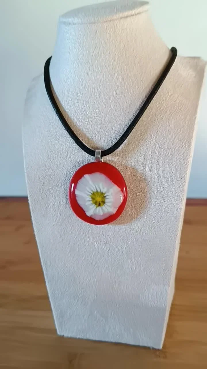 Handmade red fused glass pendant with necklace - Photo 4