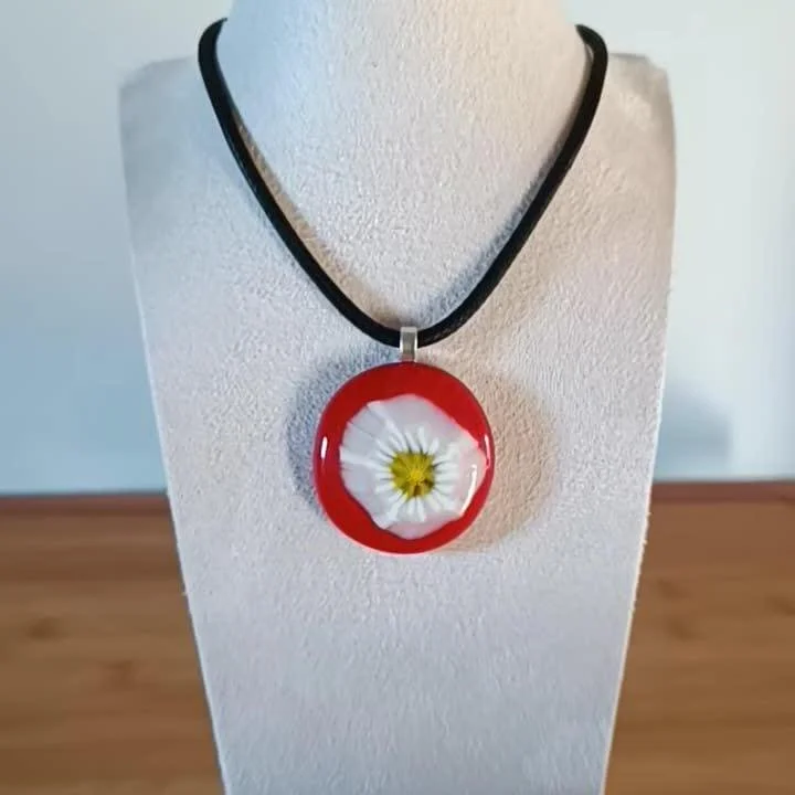 Handmade red fused glass pendant with necklace - Photo 7