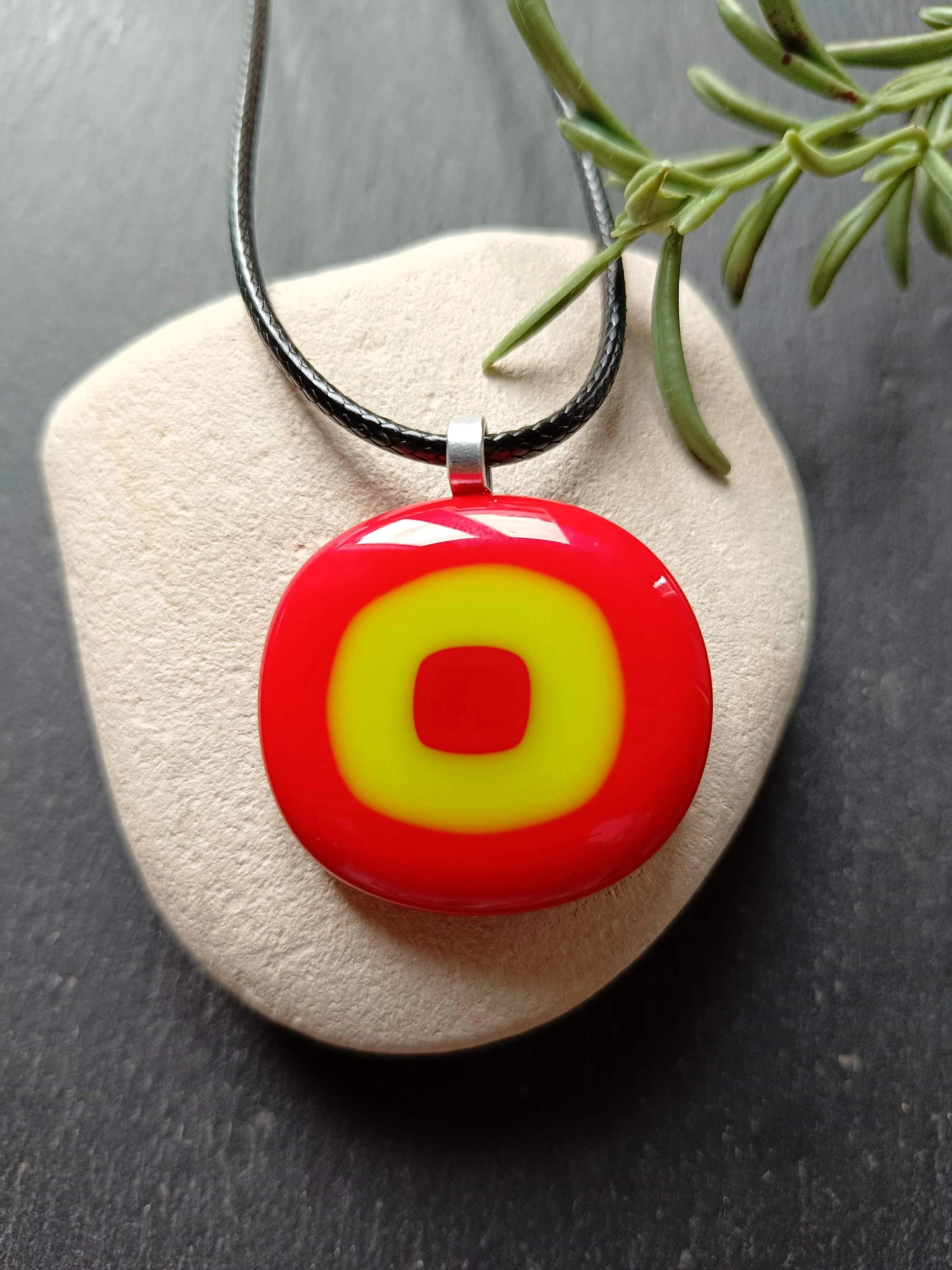 Handmade red and lime green fused glass pendant necklace - Photo 1