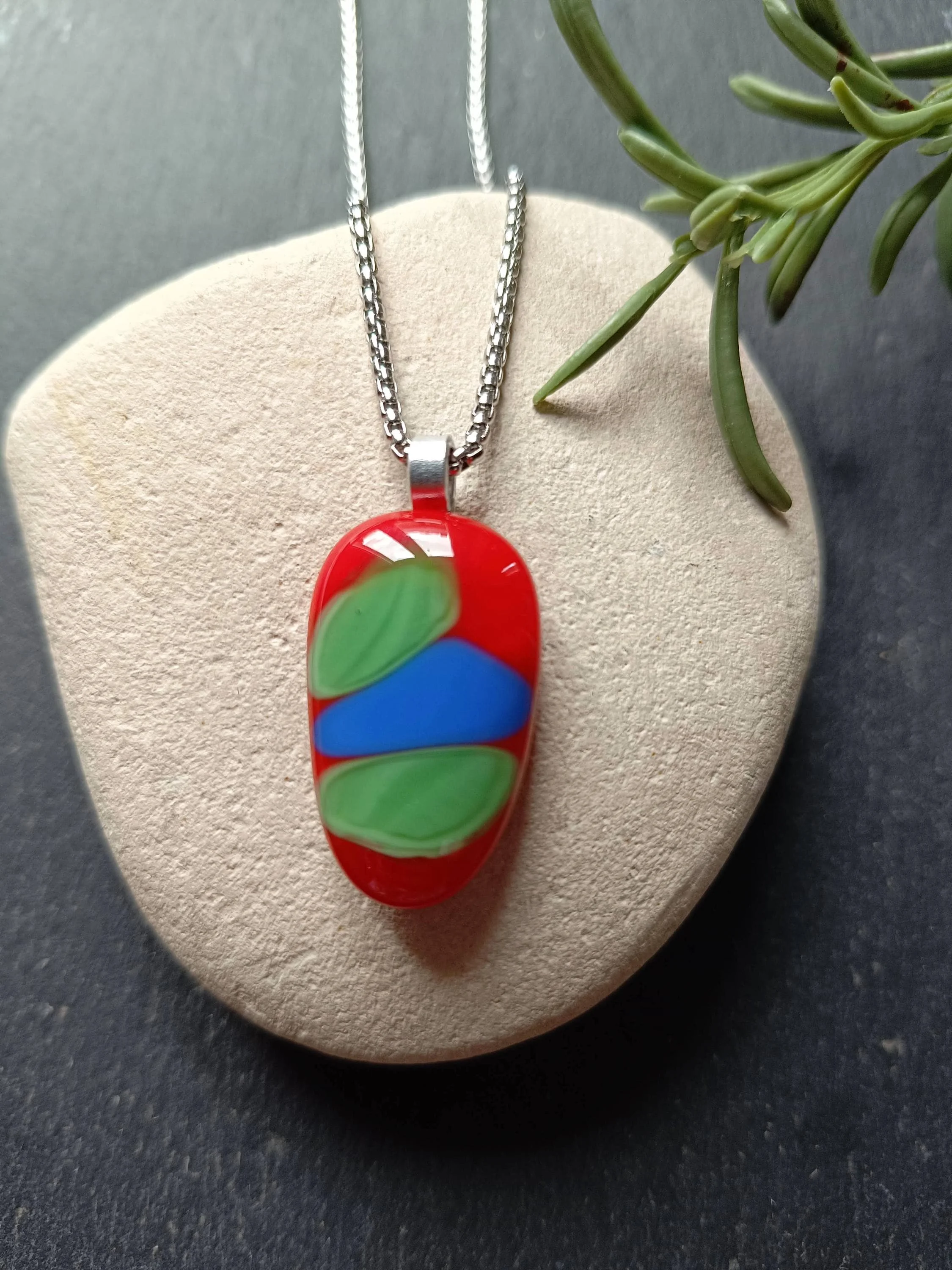Handcrafted colourful abstract fused glass pendant necklace - Photo 1