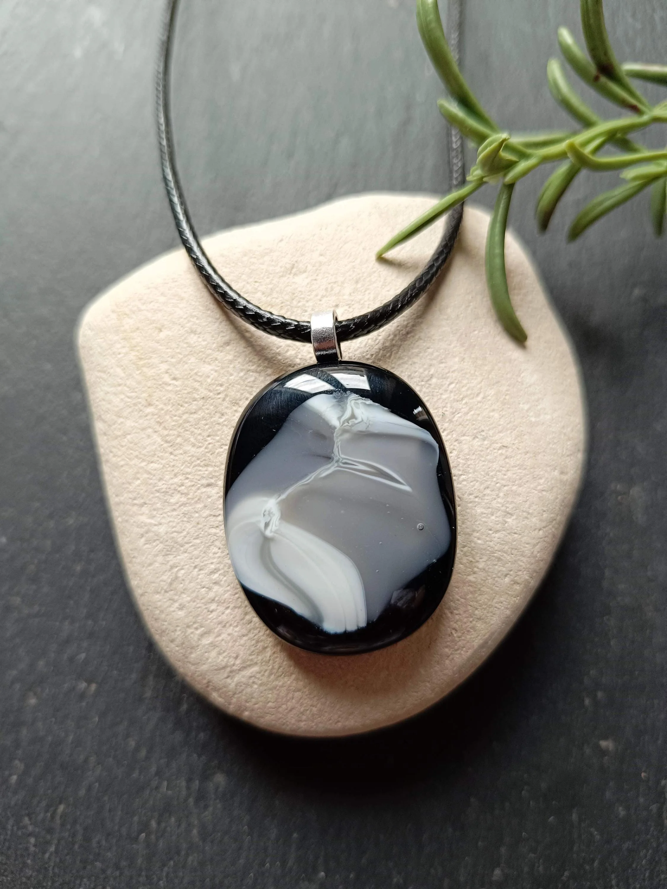 Handmade monotone fused glass pendant necklace - Photo 1