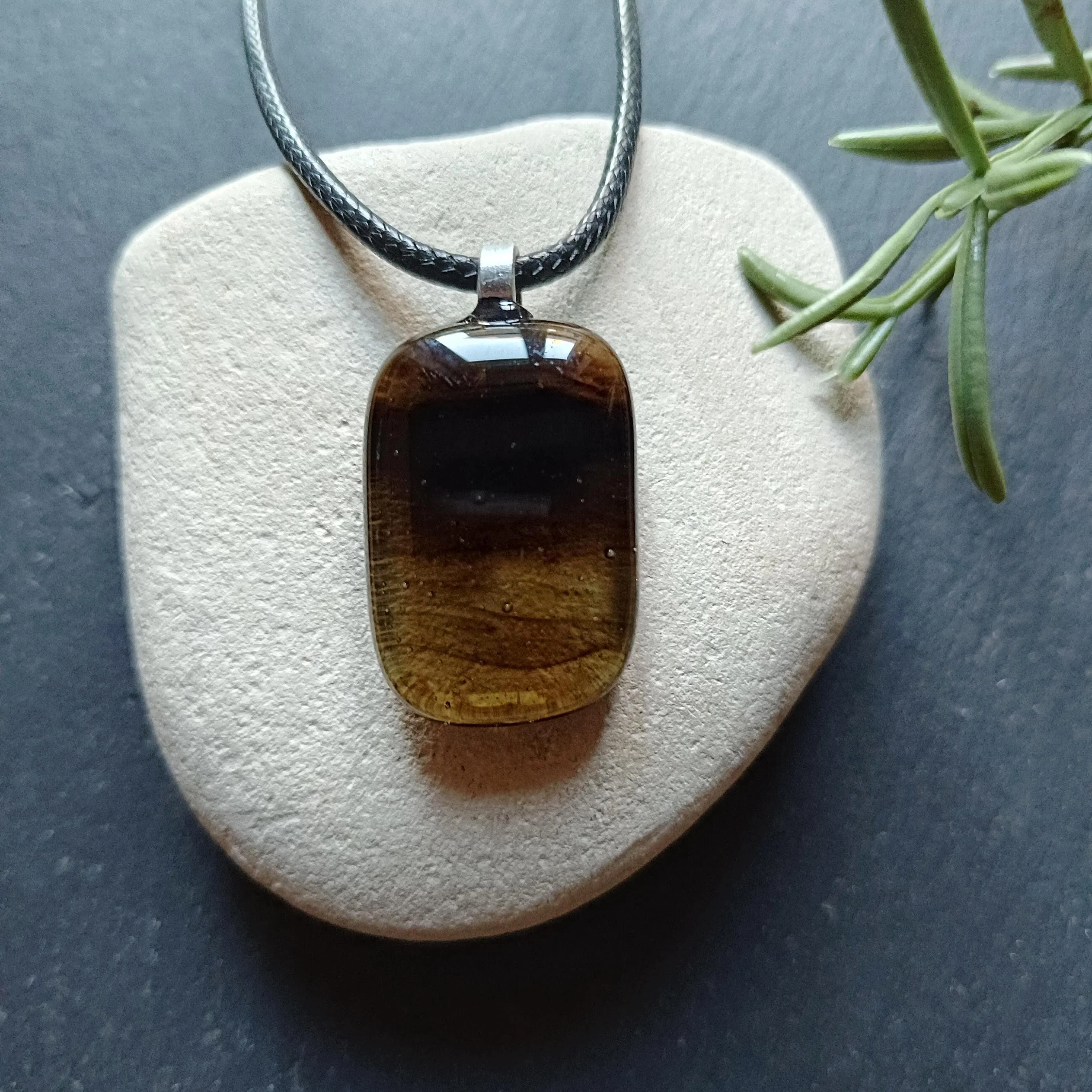 Handmade fused transparent brown glass pendant necklace - Photo 1