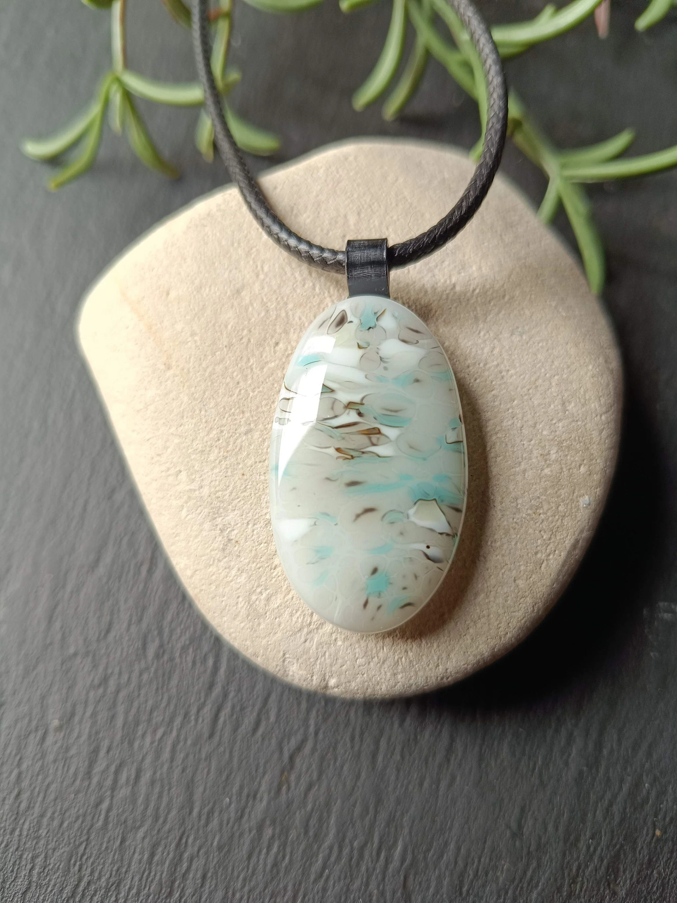 Handmade white fused glass pendant with cord necklace - Photo 1