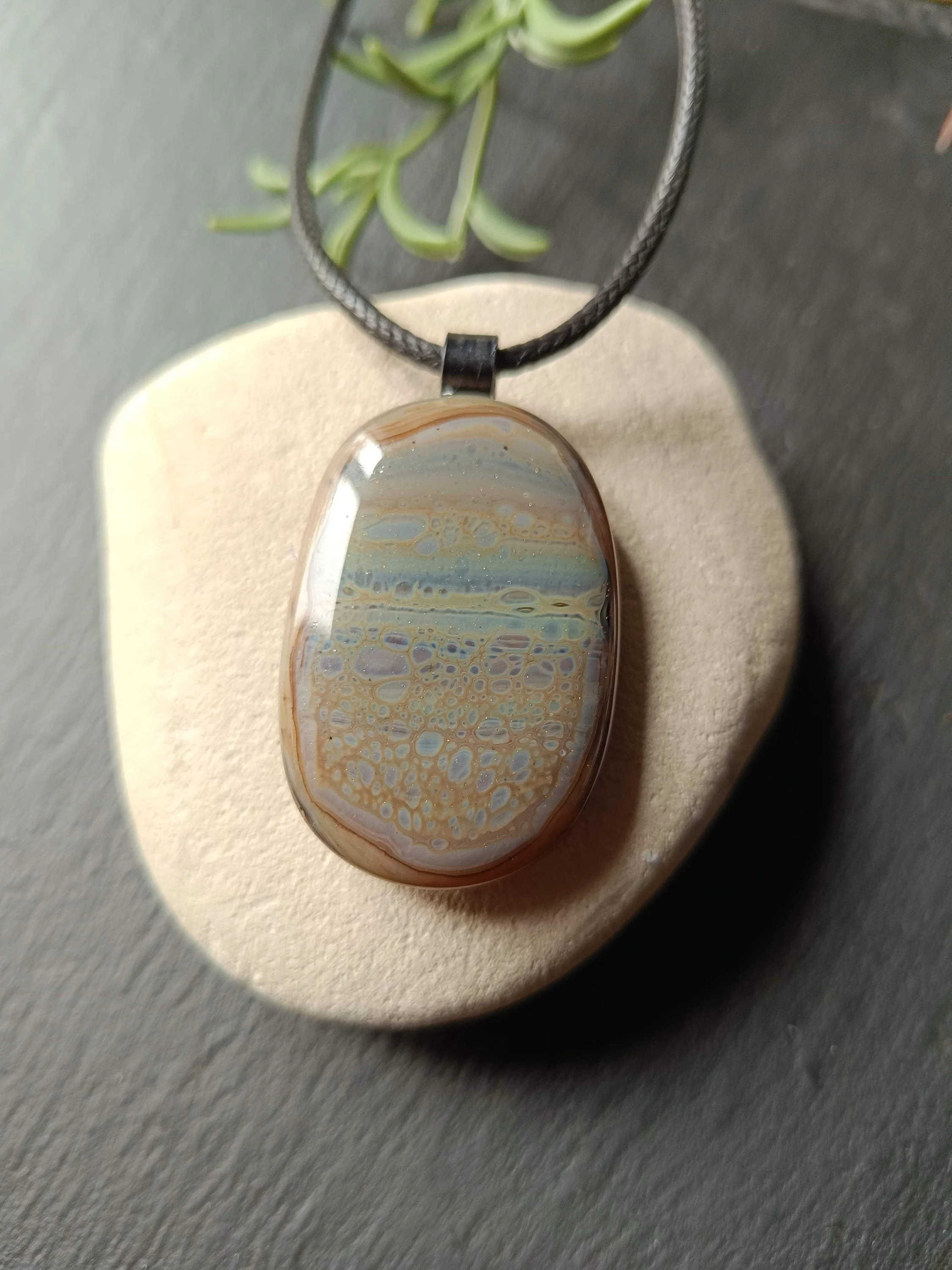 Handmade fused natural tones glass pendant necklace - Photo 1