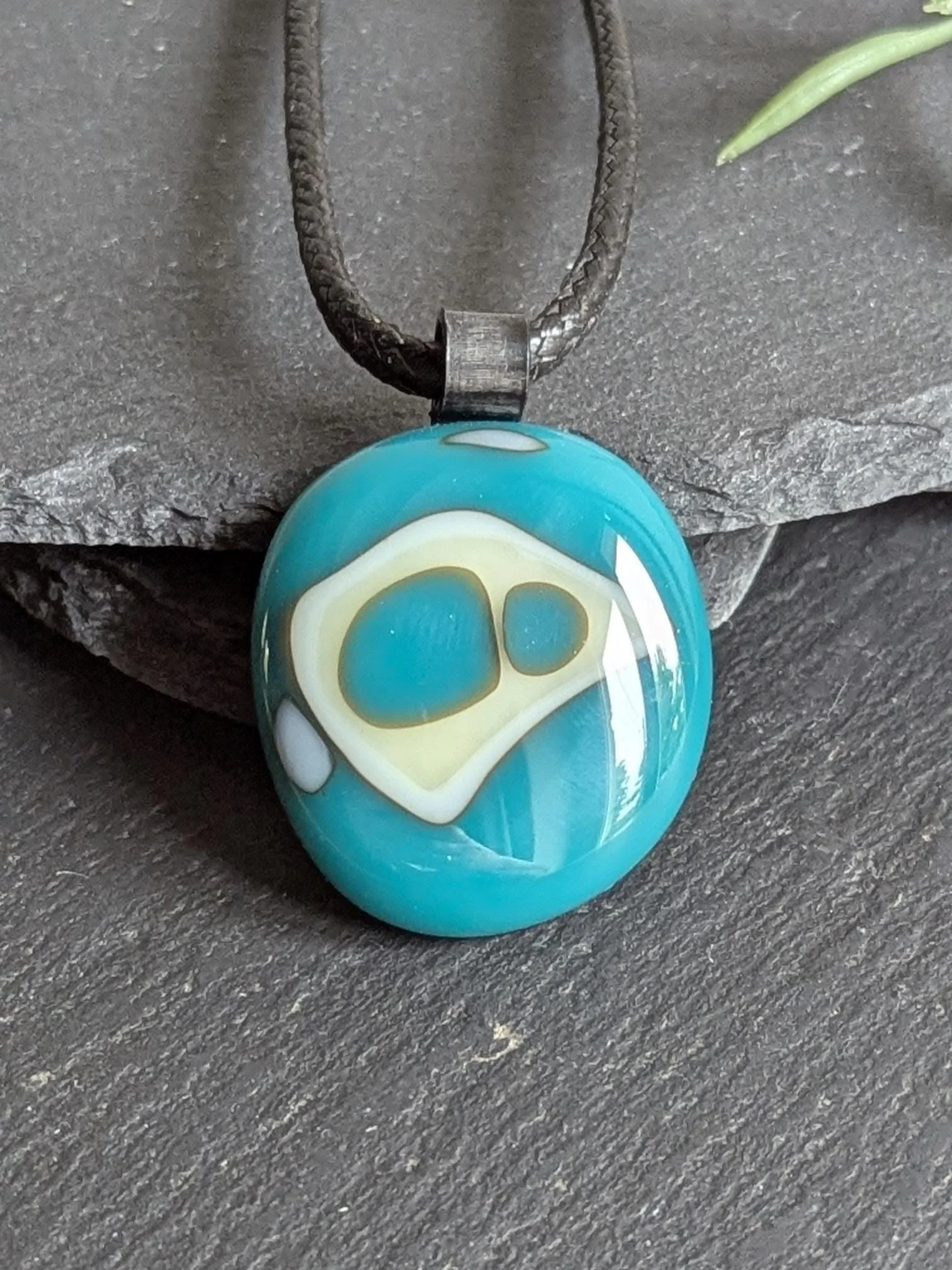 Fused glass turquoise and vanilla handcrafted pendant necklace