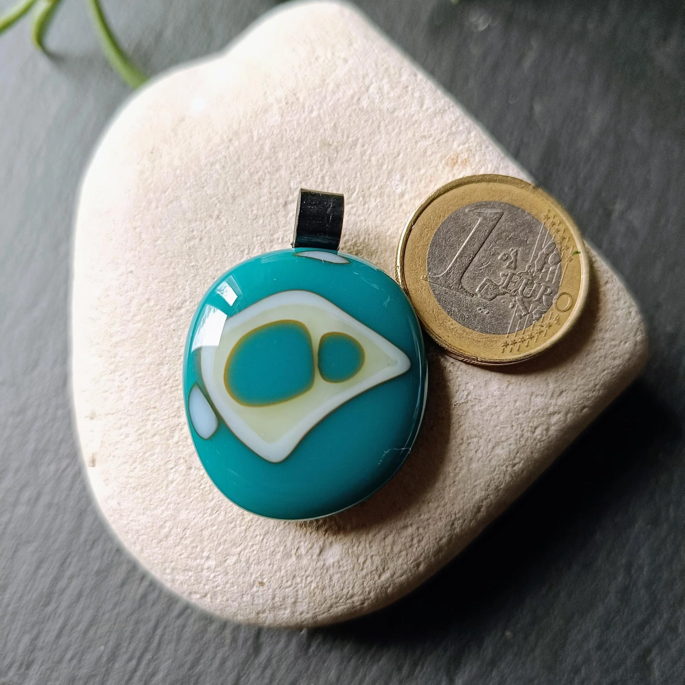 Fused glass turquoise and vanilla handcrafted pendant necklace - Photo 3