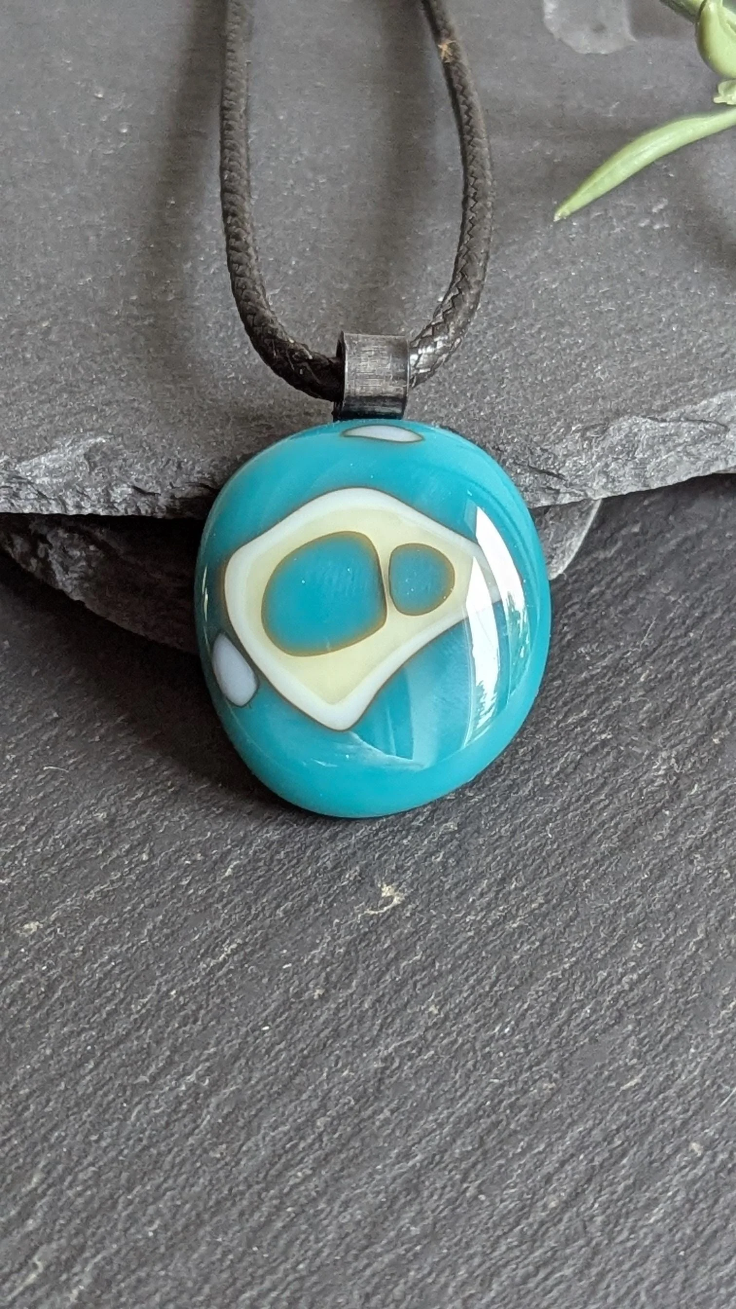 Fused glass turquoise and vanilla handcrafted pendant necklace - Photo 4