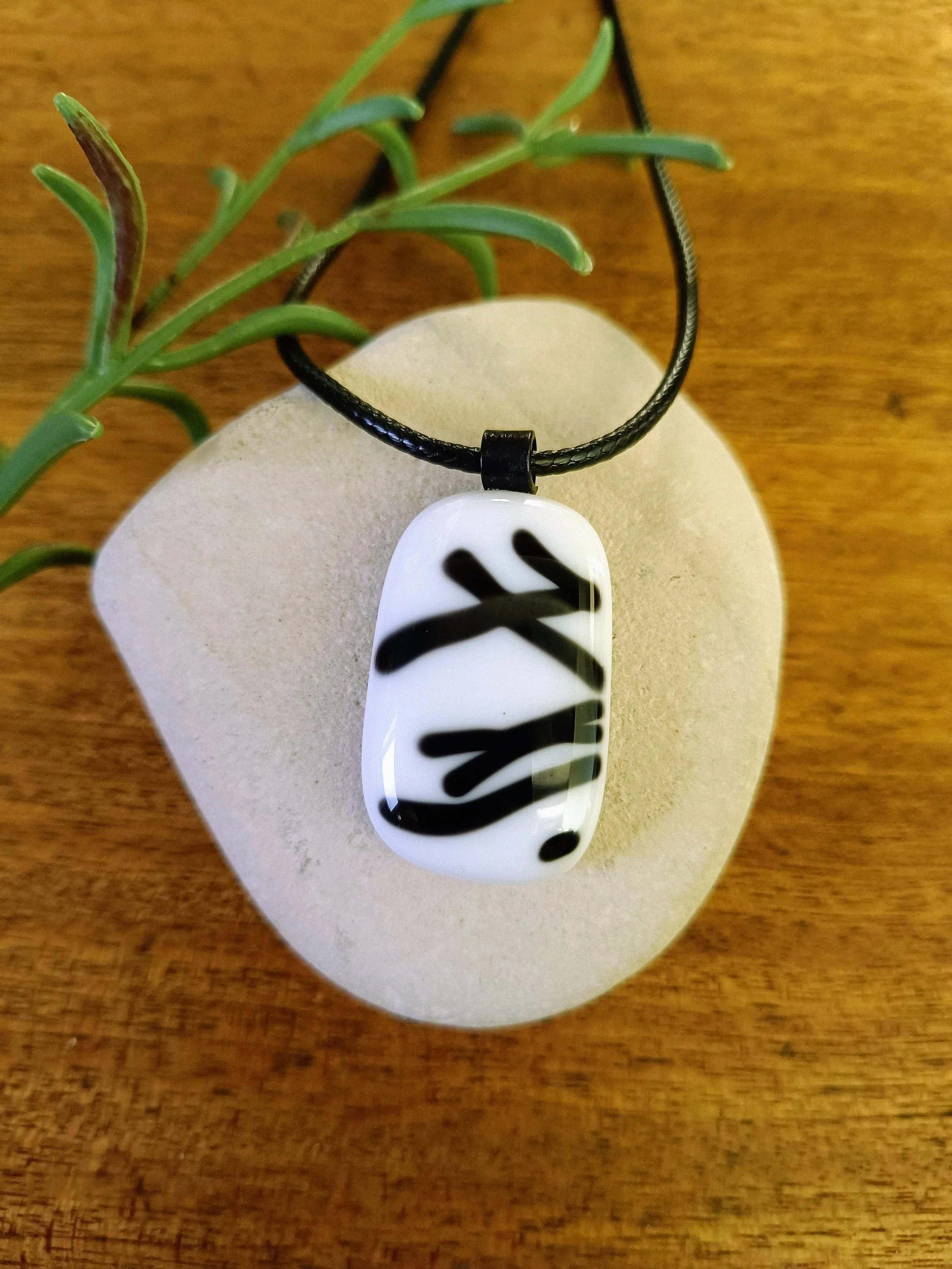 Handmade boho black and white fused glass pendant necklace - Photo 1