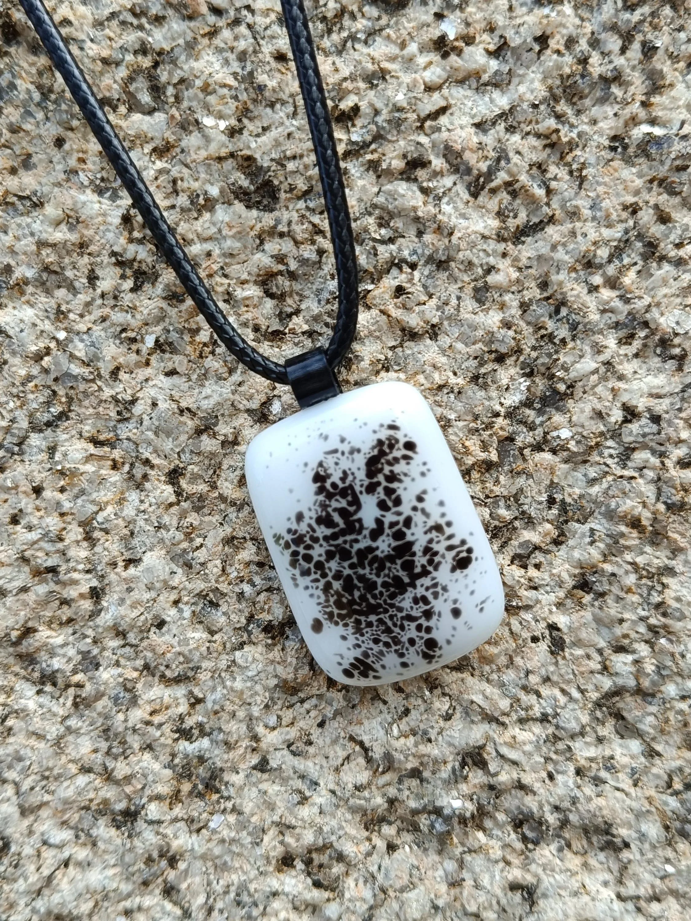 Handmade boho grungy black and white fused glass pendant necklace