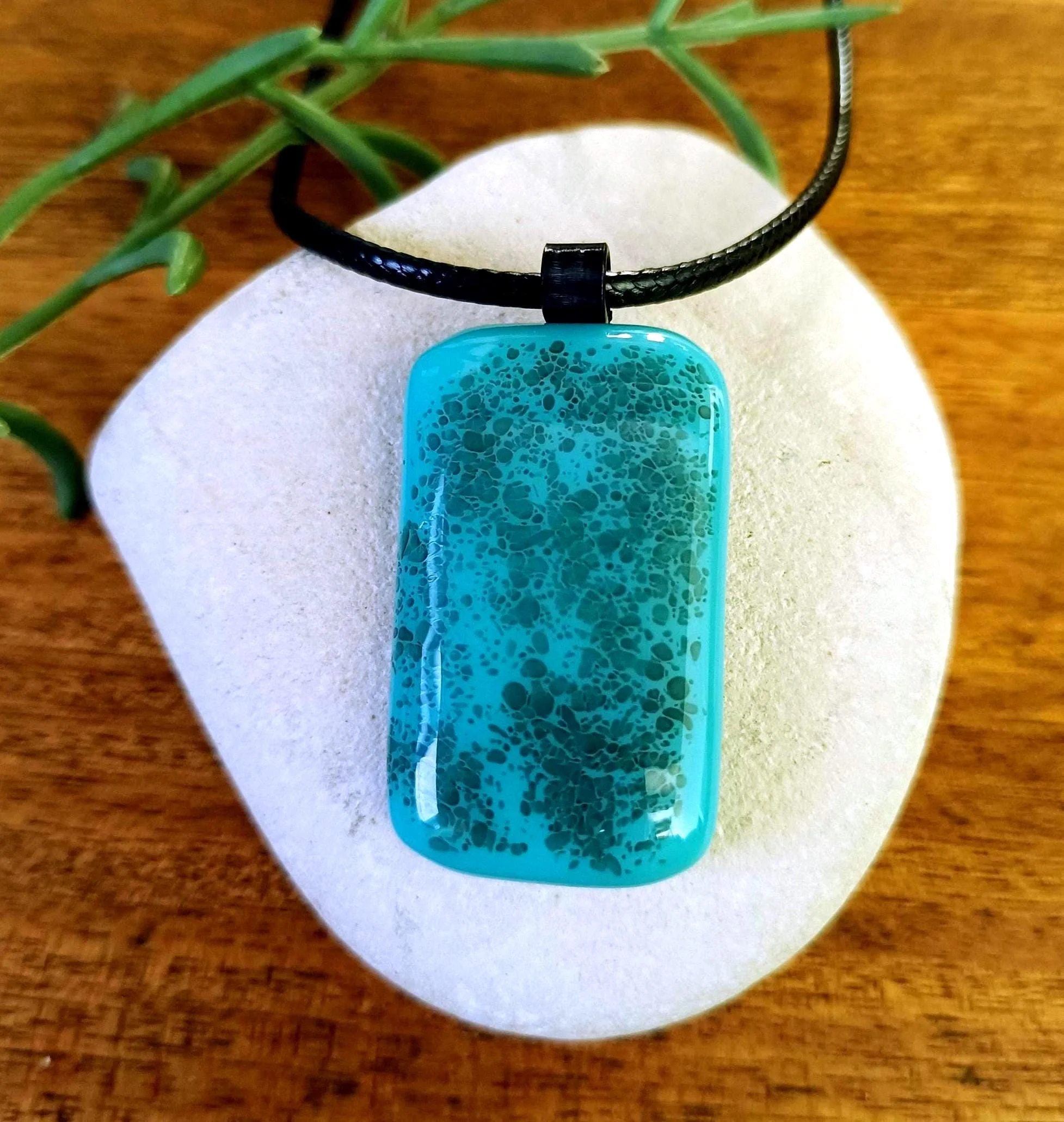 Handcrafted turquoise fused glass pendant necklace - Photo 1