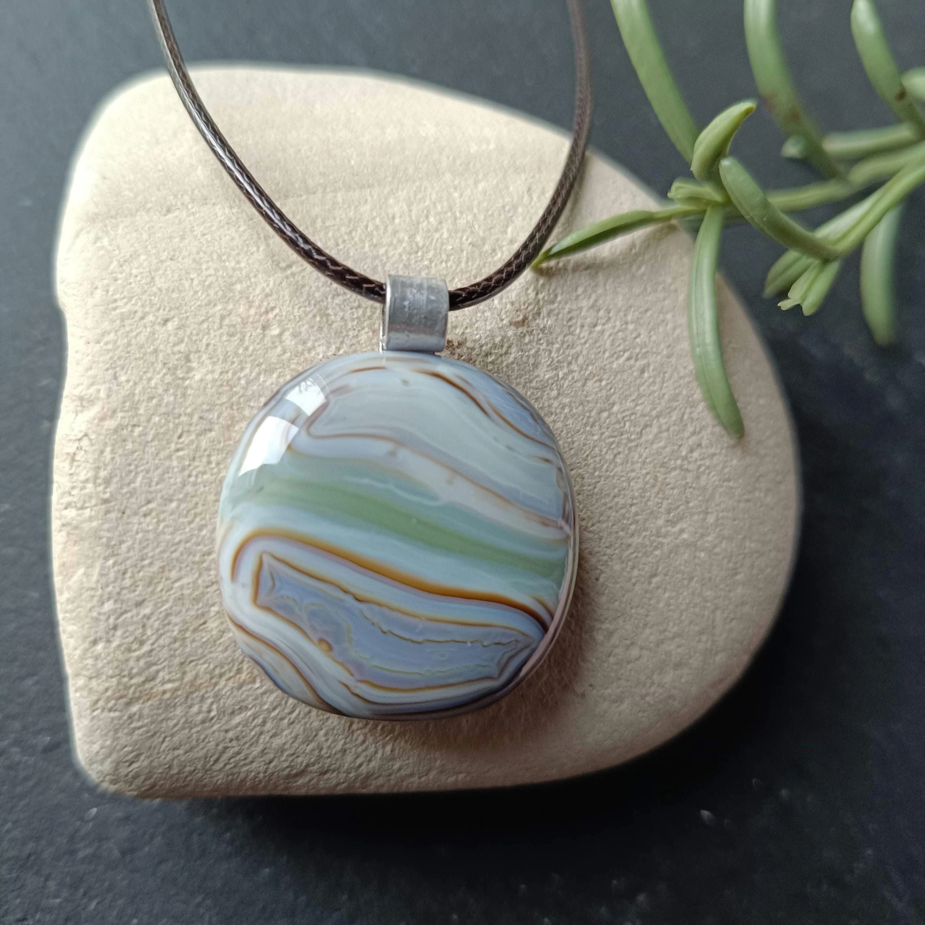 Fused Glass Men's Pendant Necklace in Natural Tones Necklace - Photo 1