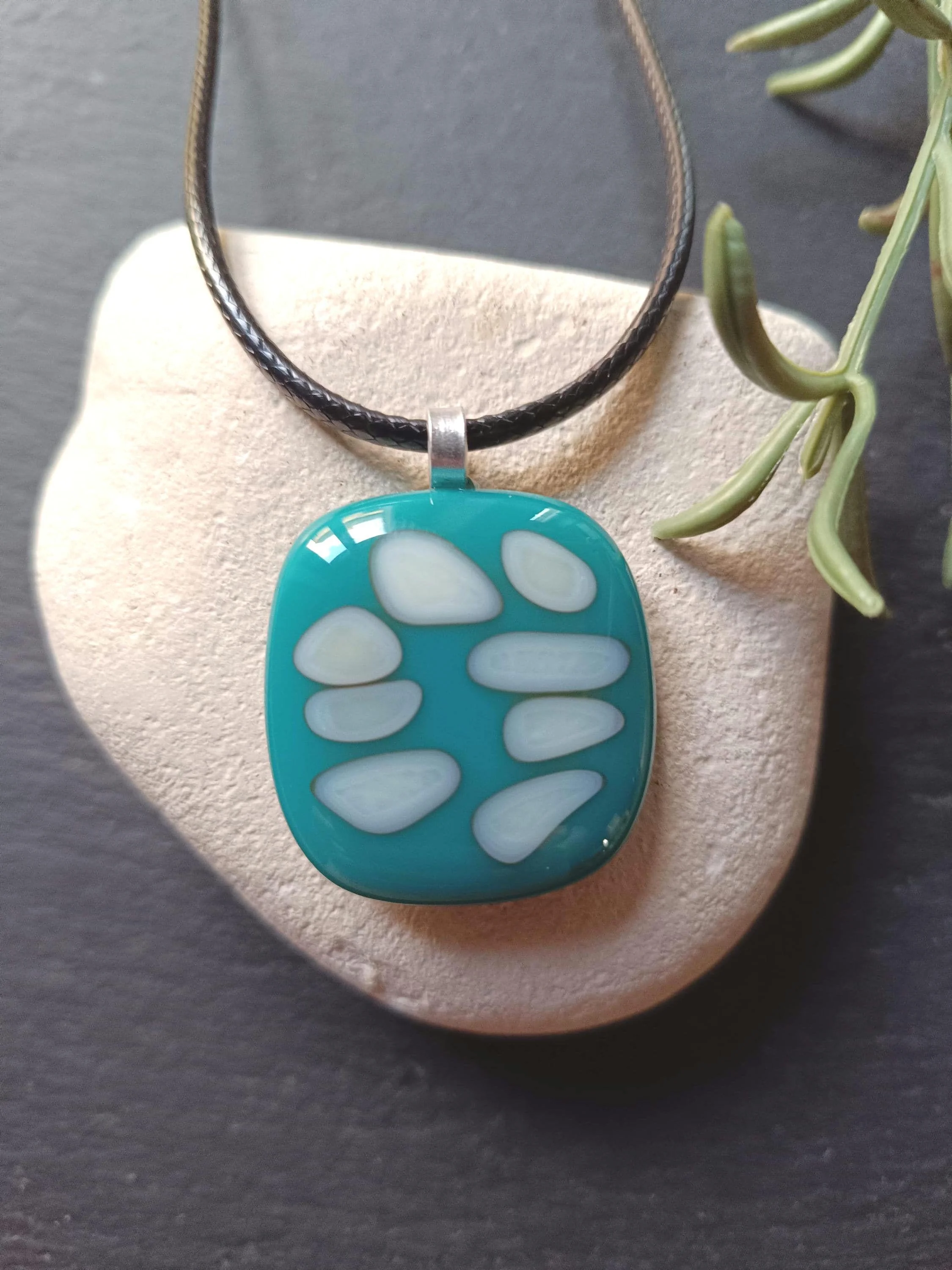 Handmade dark turquoise blue and vanilla fused glass pendant necklace - Photo 1