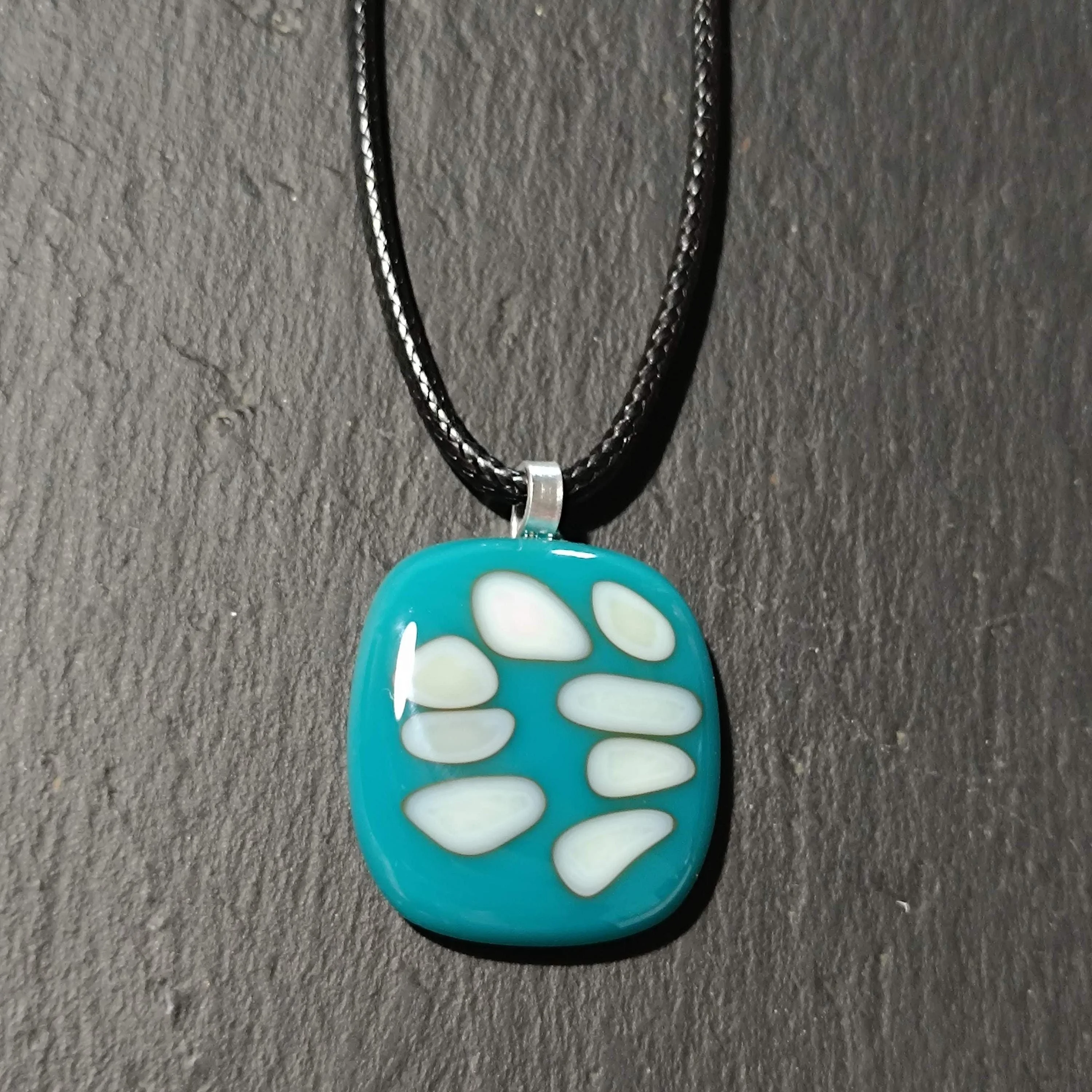 Handmade dark turquoise blue and vanilla fused glass pendant necklace - Photo 2