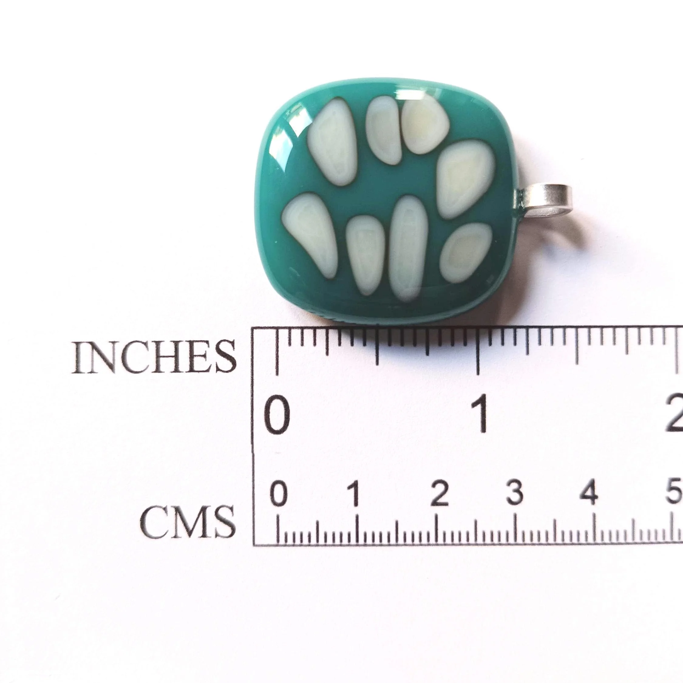 Handmade dark turquoise blue and vanilla fused glass pendant necklace - Photo 3