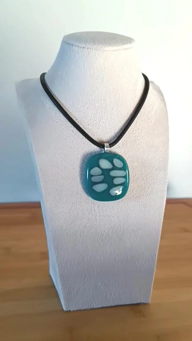 Handmade dark turquoise blue and vanilla fused glass pendant necklace - Photo 4