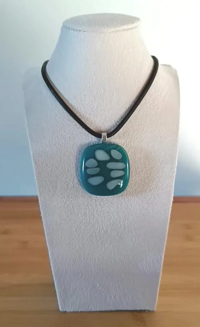 Handmade dark turquoise blue and vanilla fused glass pendant necklace - Photo 5