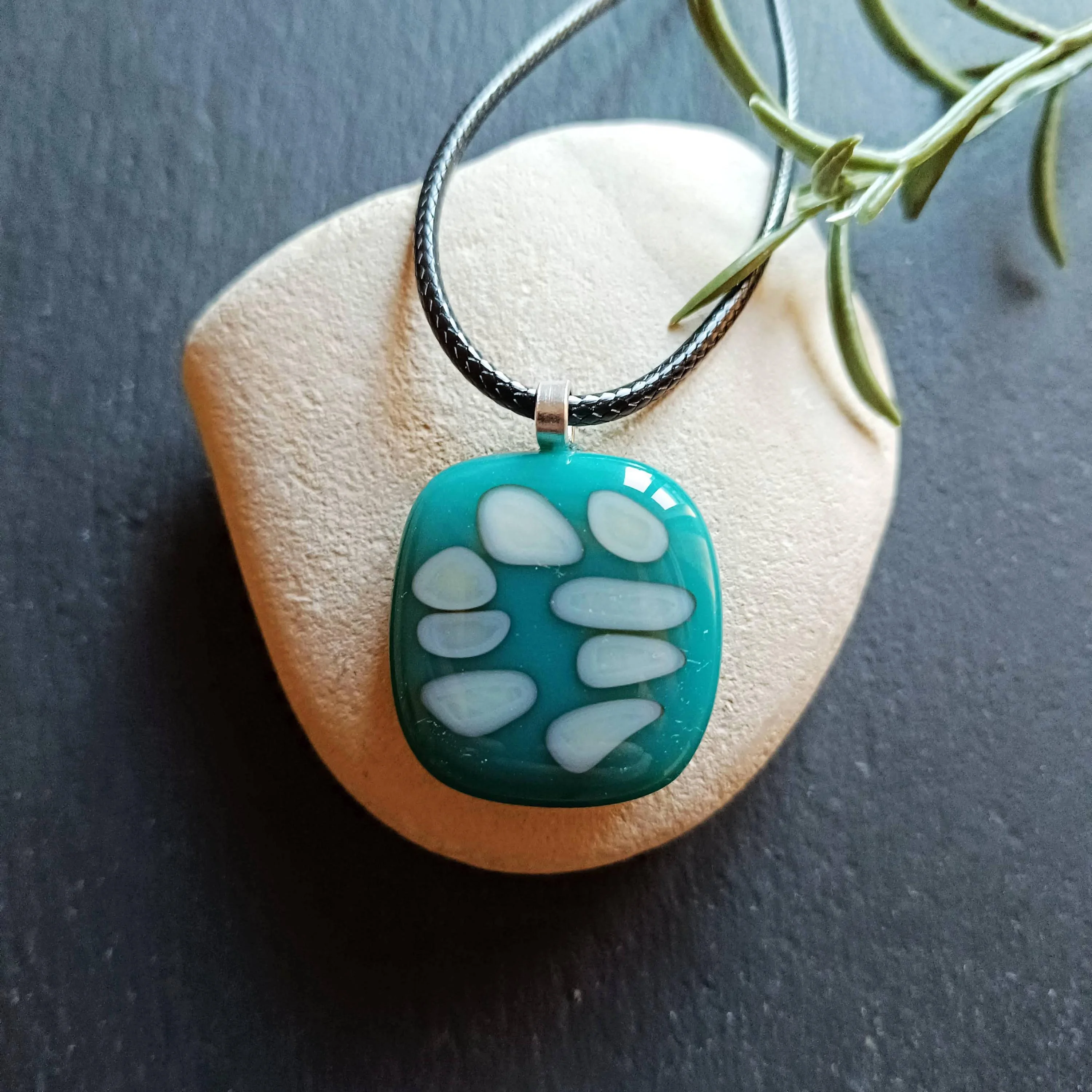 Handmade dark turquoise blue and vanilla fused glass pendant necklace - Photo 6