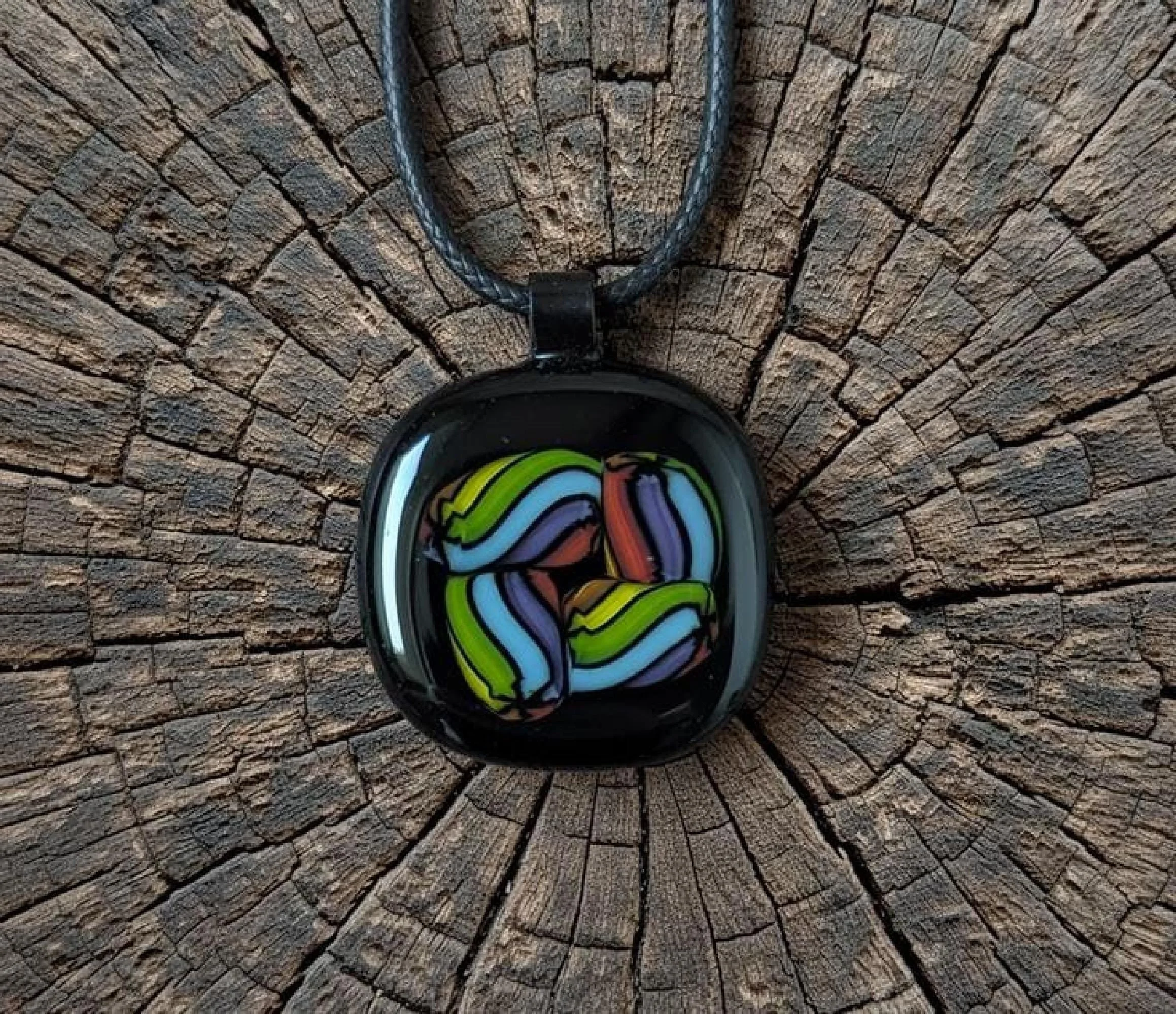 Colourful fused glass pendant with cord necklace, easy to mail jewellery gift